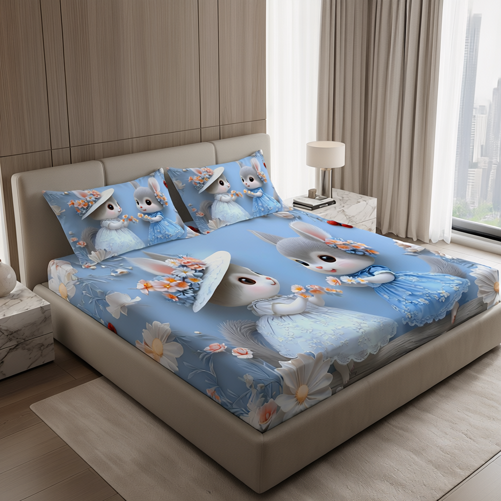 Fairy Tale Cute Rabbit 7D Bedsheet Set – Blue