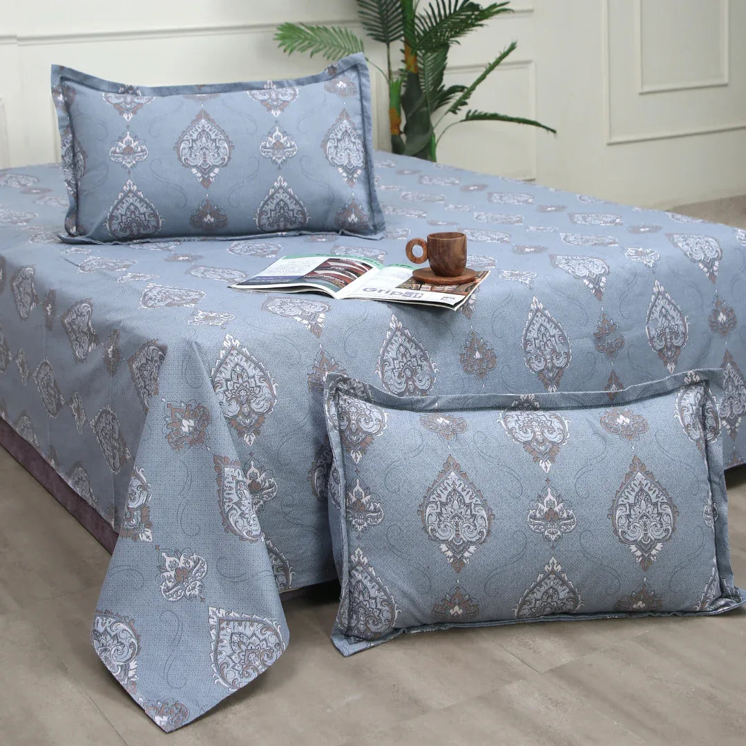 Royale Spread - Mercerized Cotton Bedsheet with two pillowcases | Gray Pitch - VIRASAAH