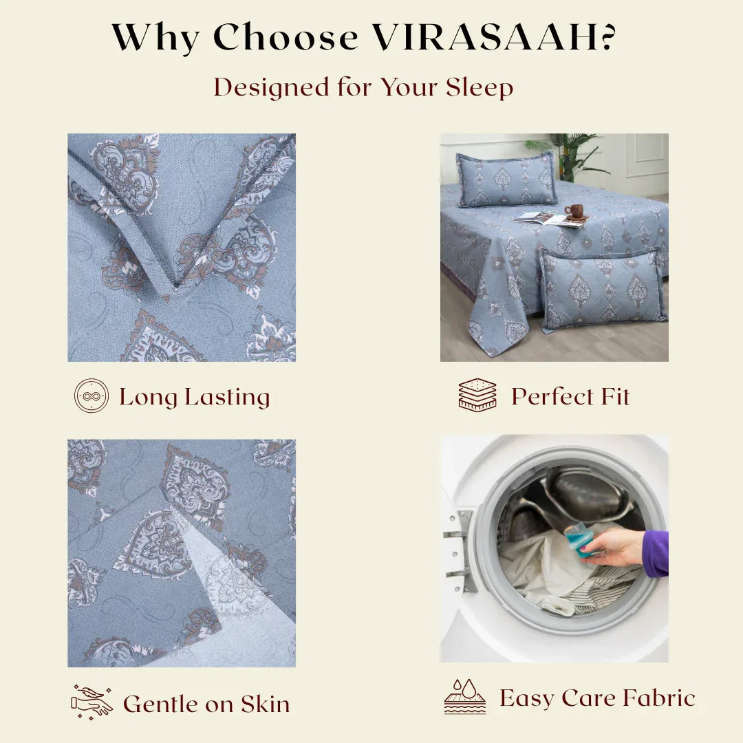Royale Spread - Mercerized Cotton Bedsheet with two pillowcases | Gray Pitch - VIRASAAH