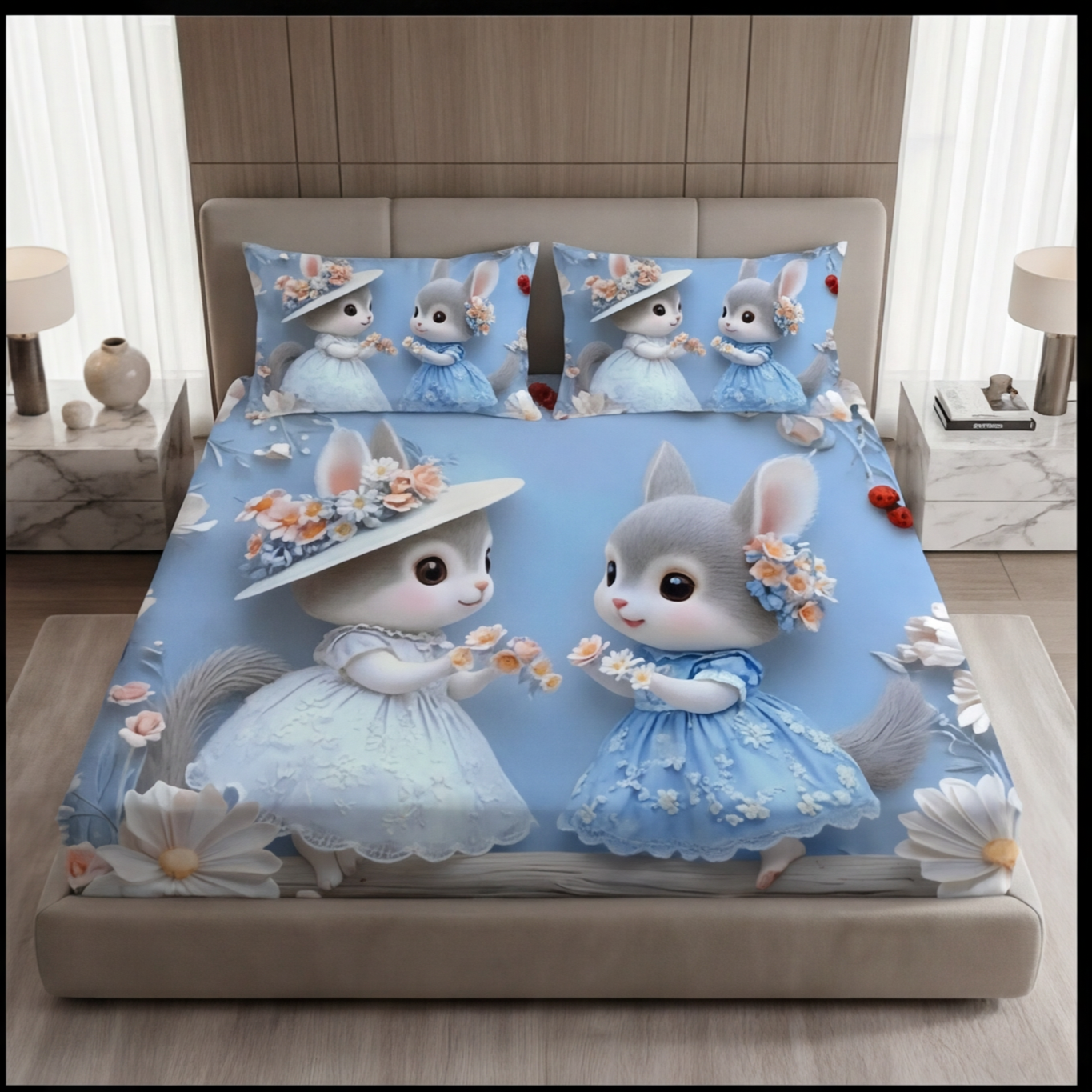 Fairy Tale Cute Rabbit 7D Bedsheet Set – Blue