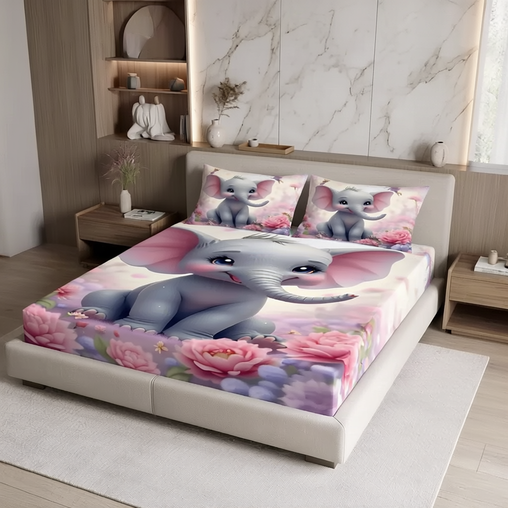 Fairy Tale Baby Elephant 7D Bedsheet Set – Pink