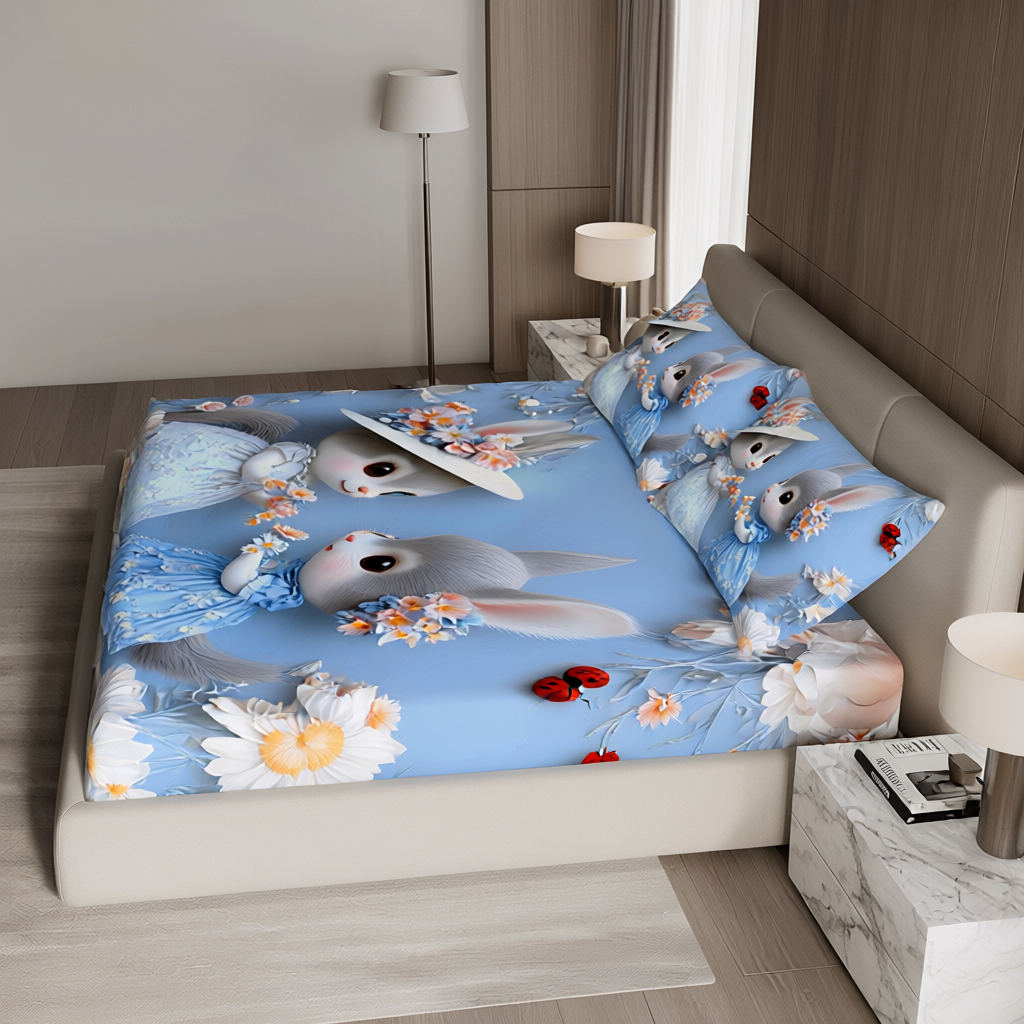 Fairy Tale Cute Rabbit 7D Bedsheet Set – Blue