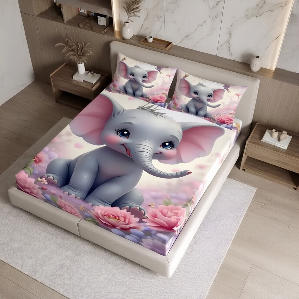 Fairy Tale Baby Elephant 7D Bedsheet Set – Pink