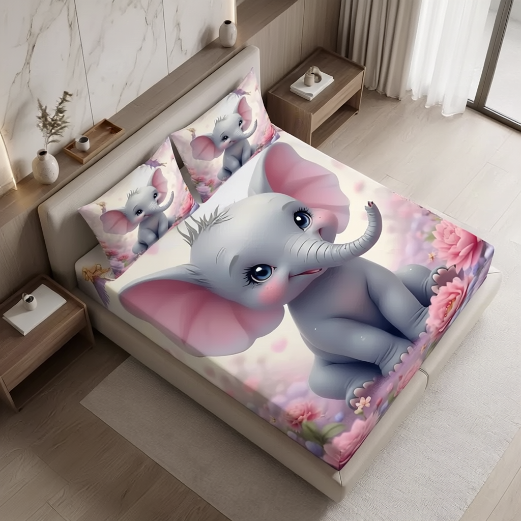 Fairy Tale Baby Elephant 7D Bedsheet Set – Pink