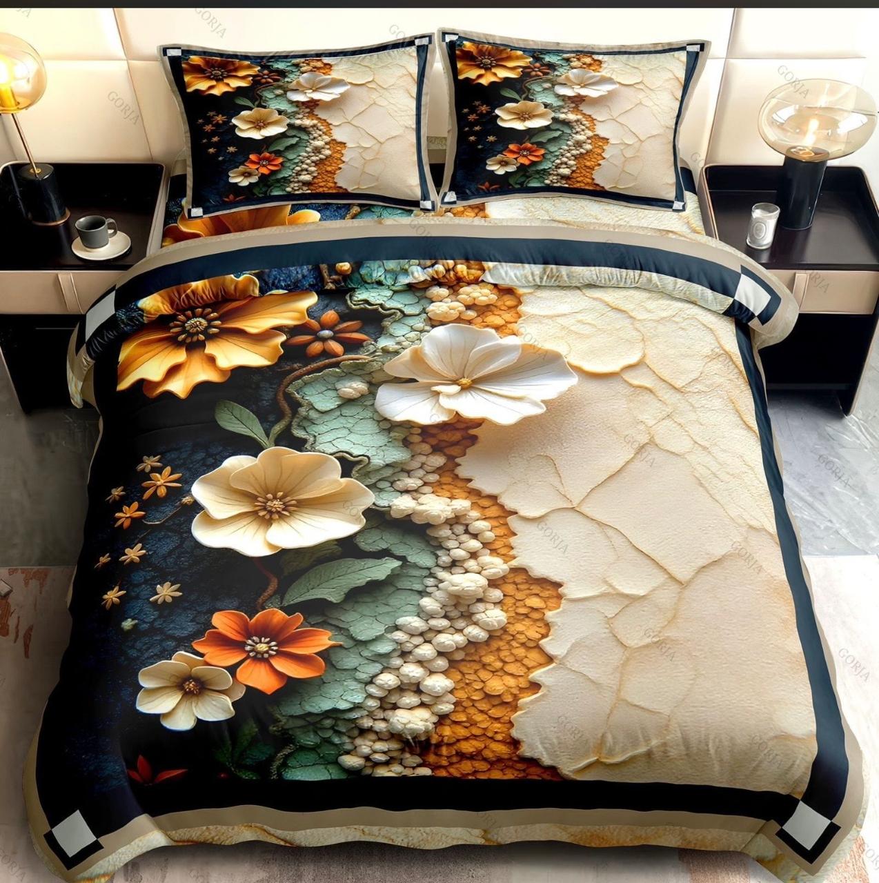 7D Golden Bloom Fusion Premium King Size Bedsheet (Golden-Cream)