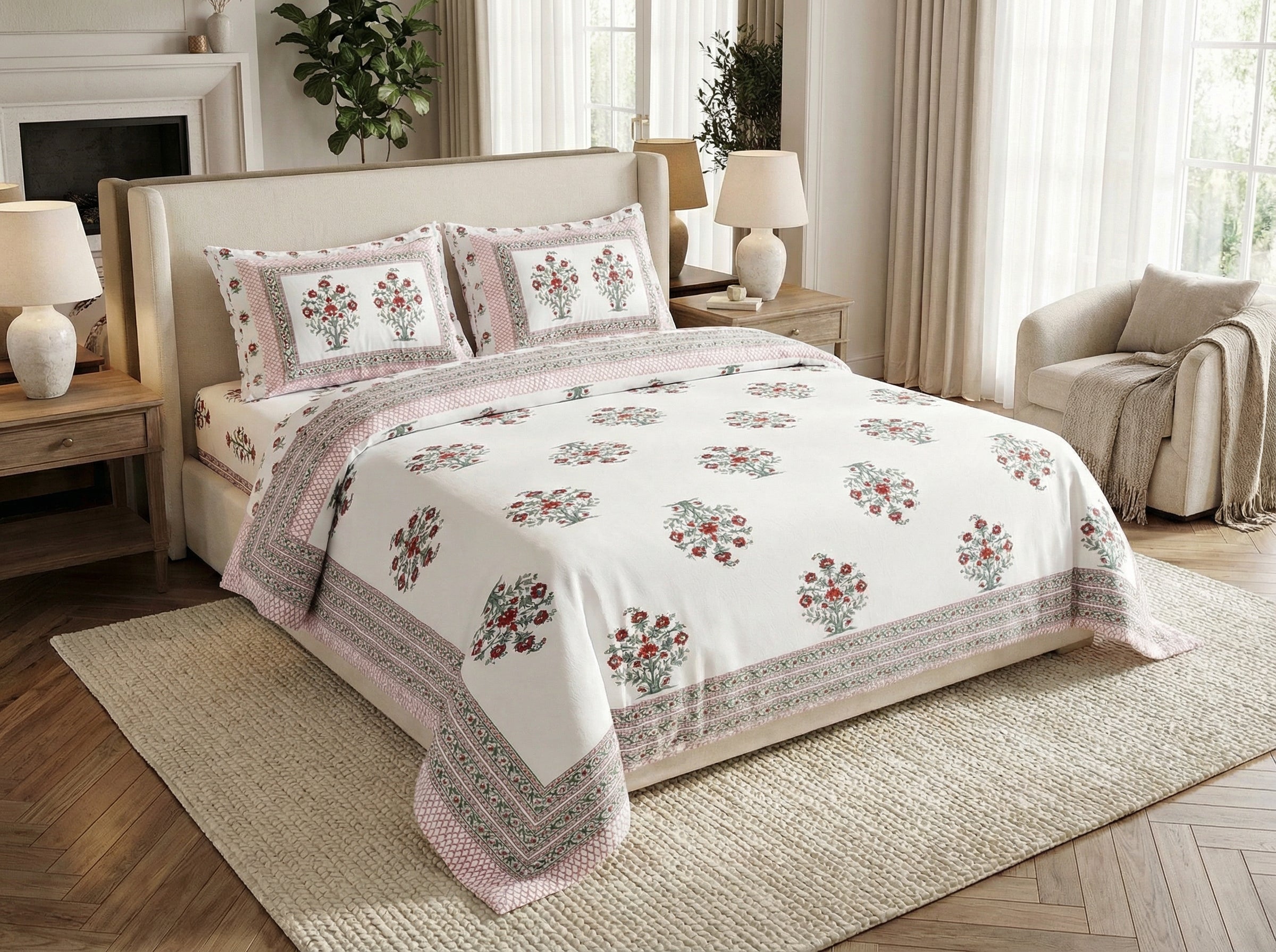 Rachita - 350 TC Handblock Pure Cotton Bedsheet Set