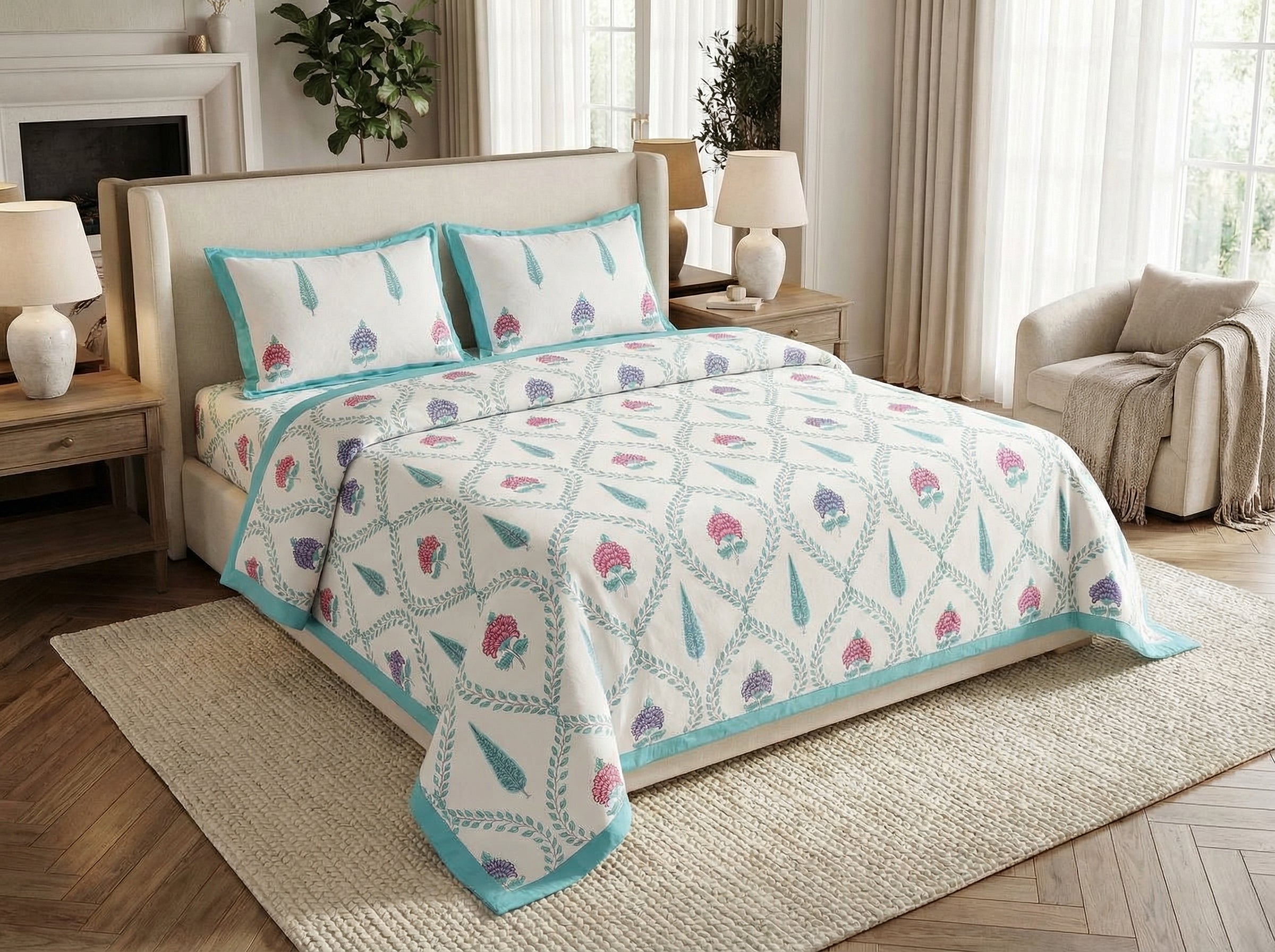 Maurya - 350 TC Handblock Pure Cotton Bedsheet Set