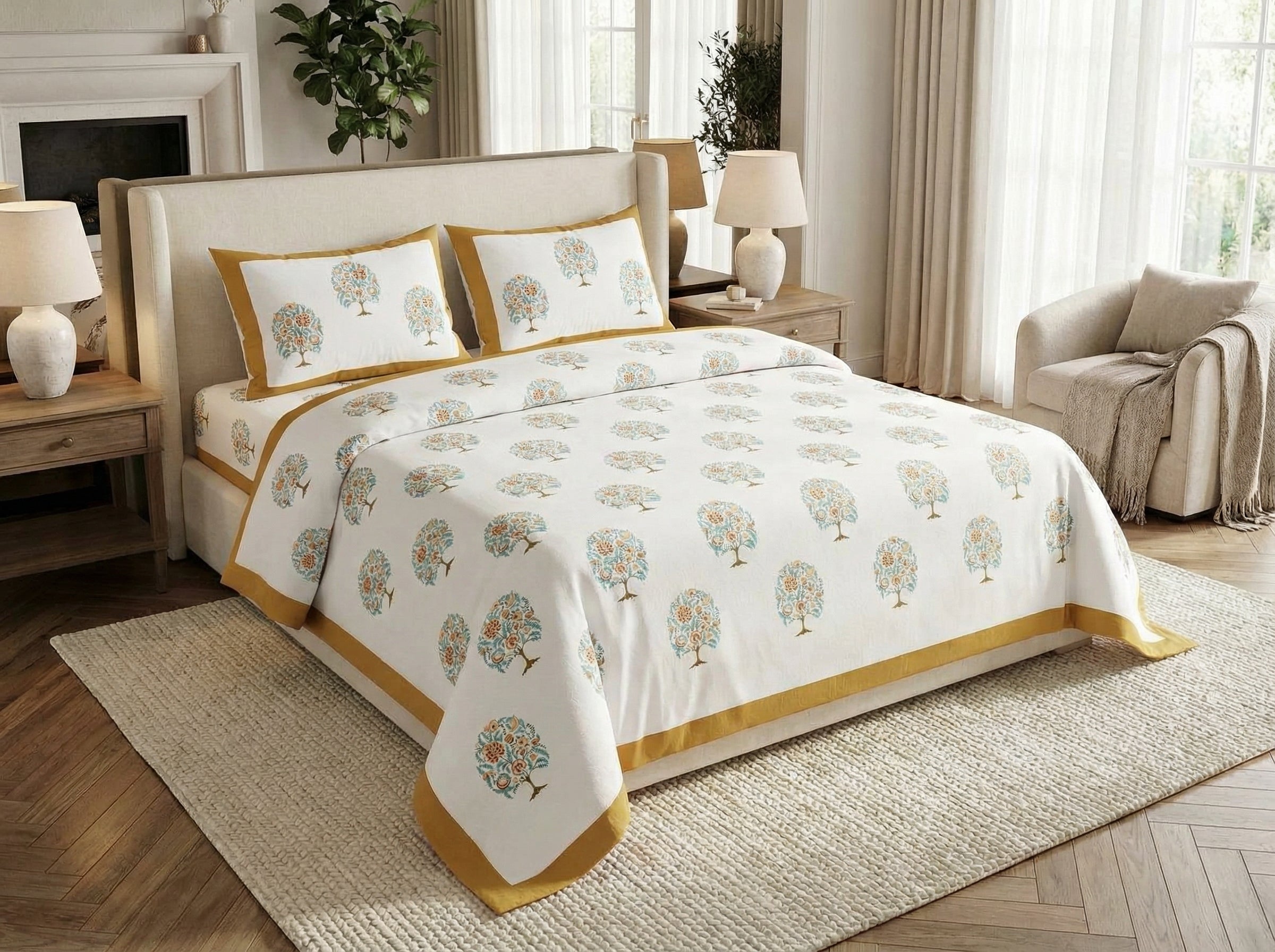Takshila - 350 TC Handblock Pure Cotton Bedsheet Set