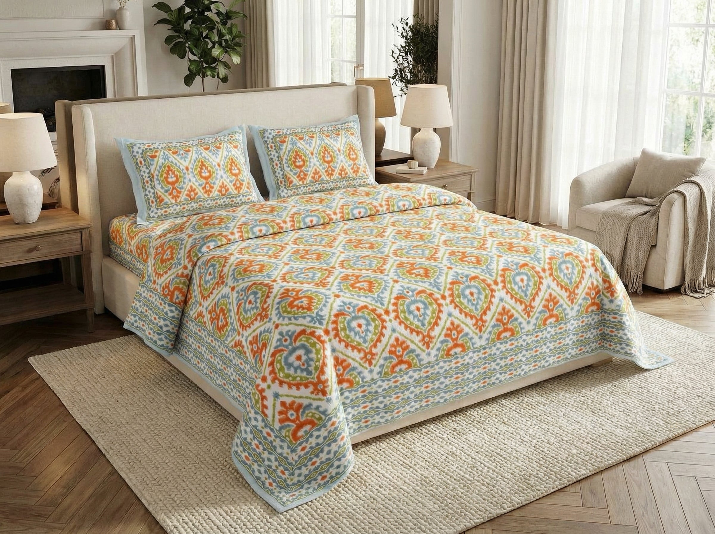 Rajputra - 350 TC Handblock Pure Cotton Bedsheet Set