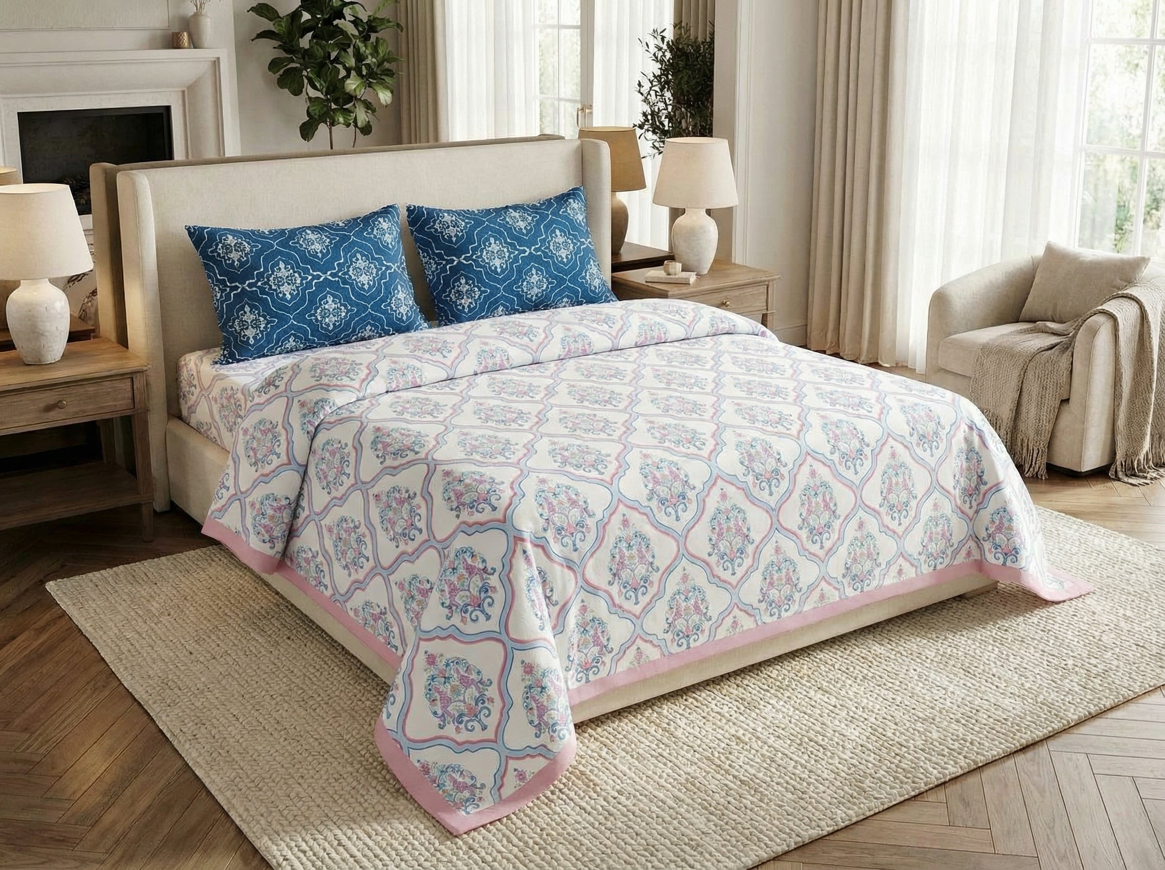 Vardhan - 350 TC Handblock Pure Cotton Bedsheet Set