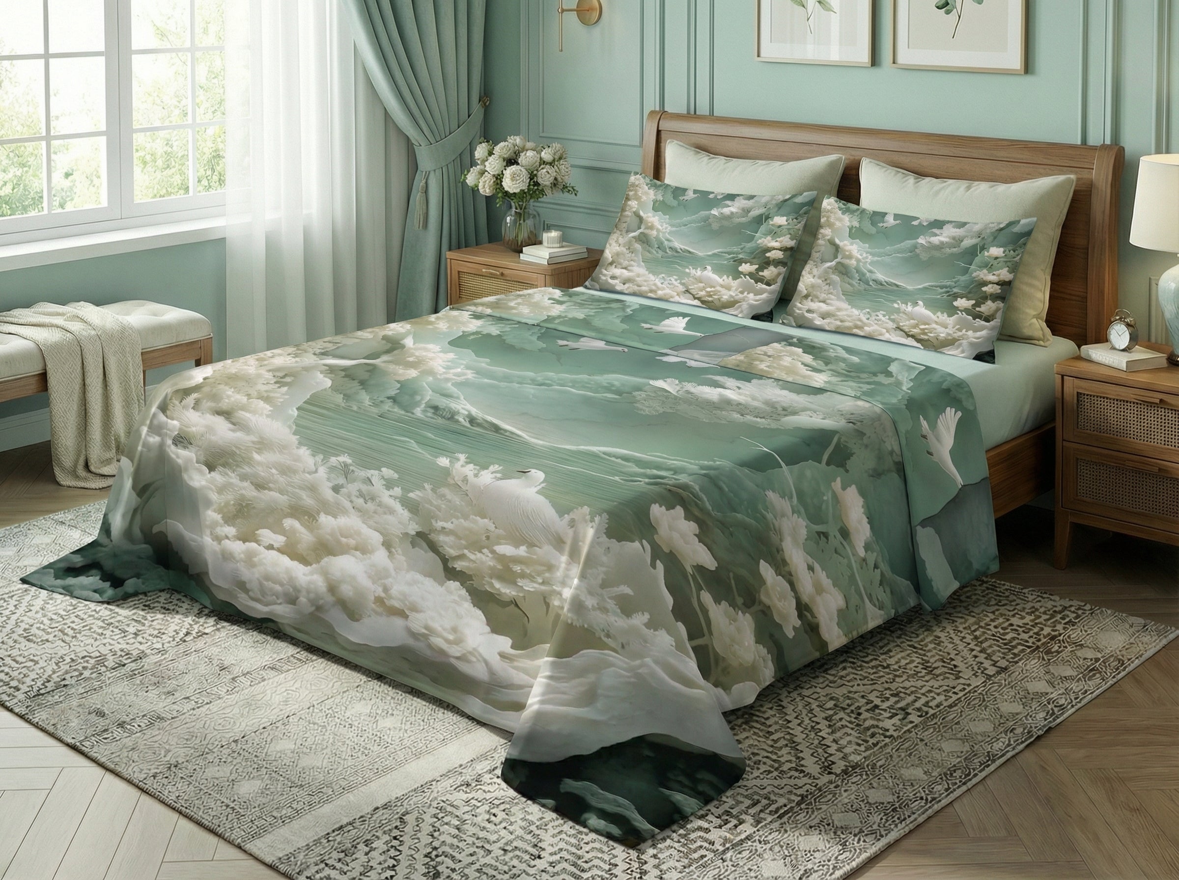 Fairy Tale Flying Doves 7D Bedsheet Set – Green