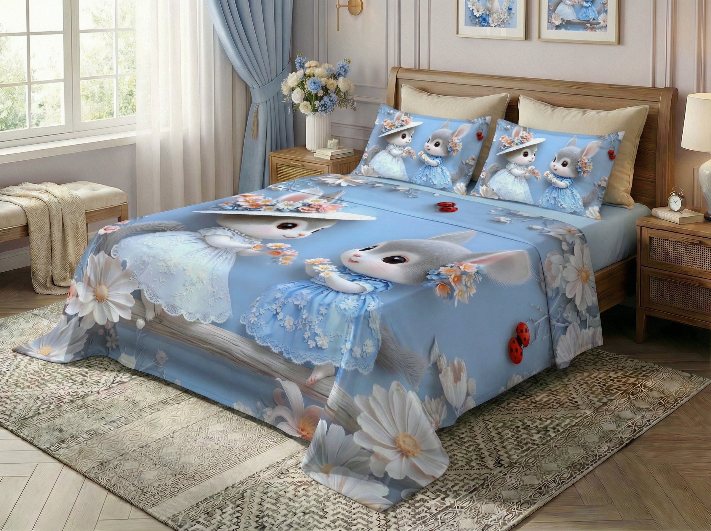 Fairy Tale Cute Rabbit 7D Bedsheet Set – Blue