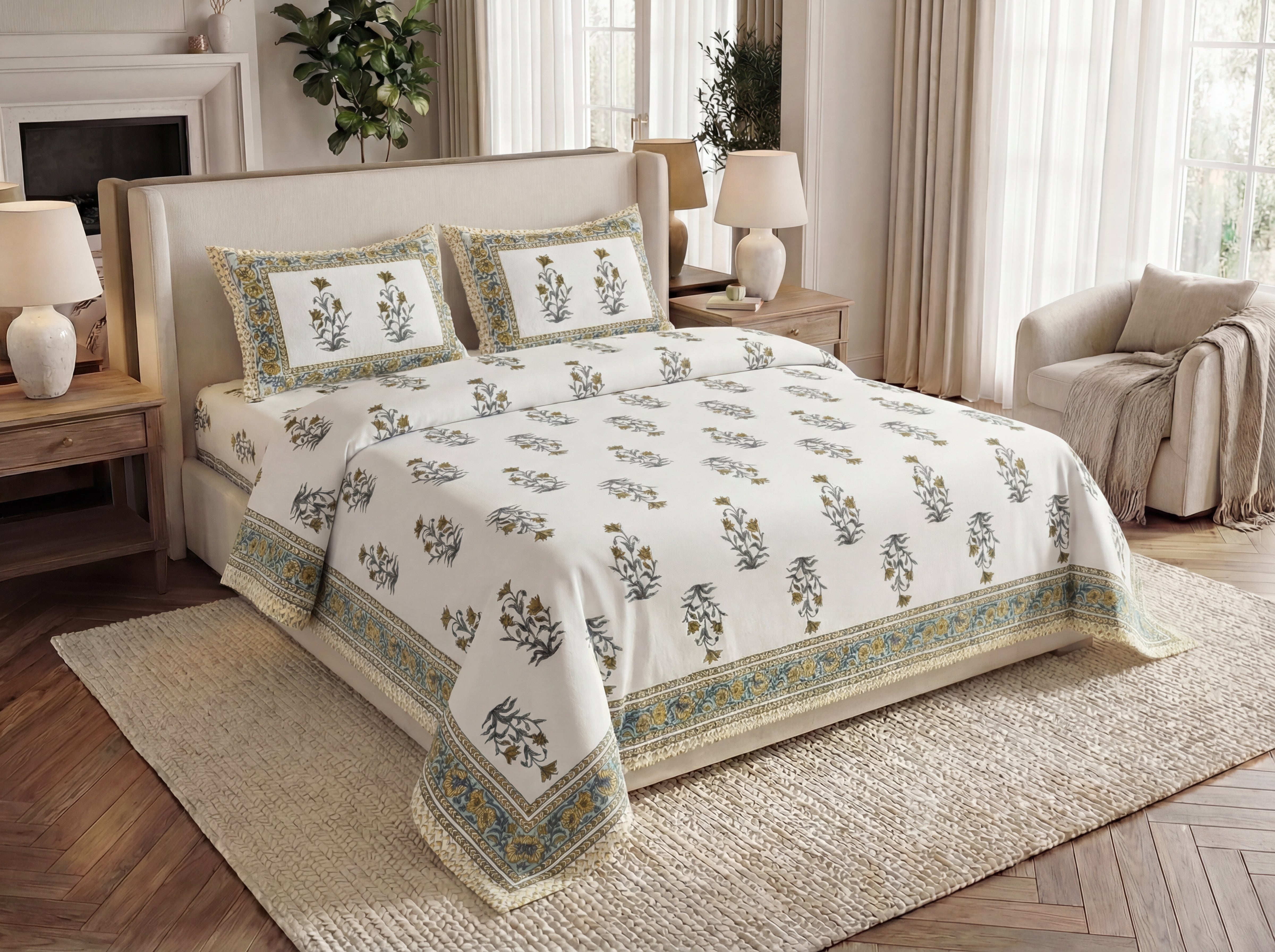 Rajwara - 350 TC Handblock Pure Cotton Bedsheet Set