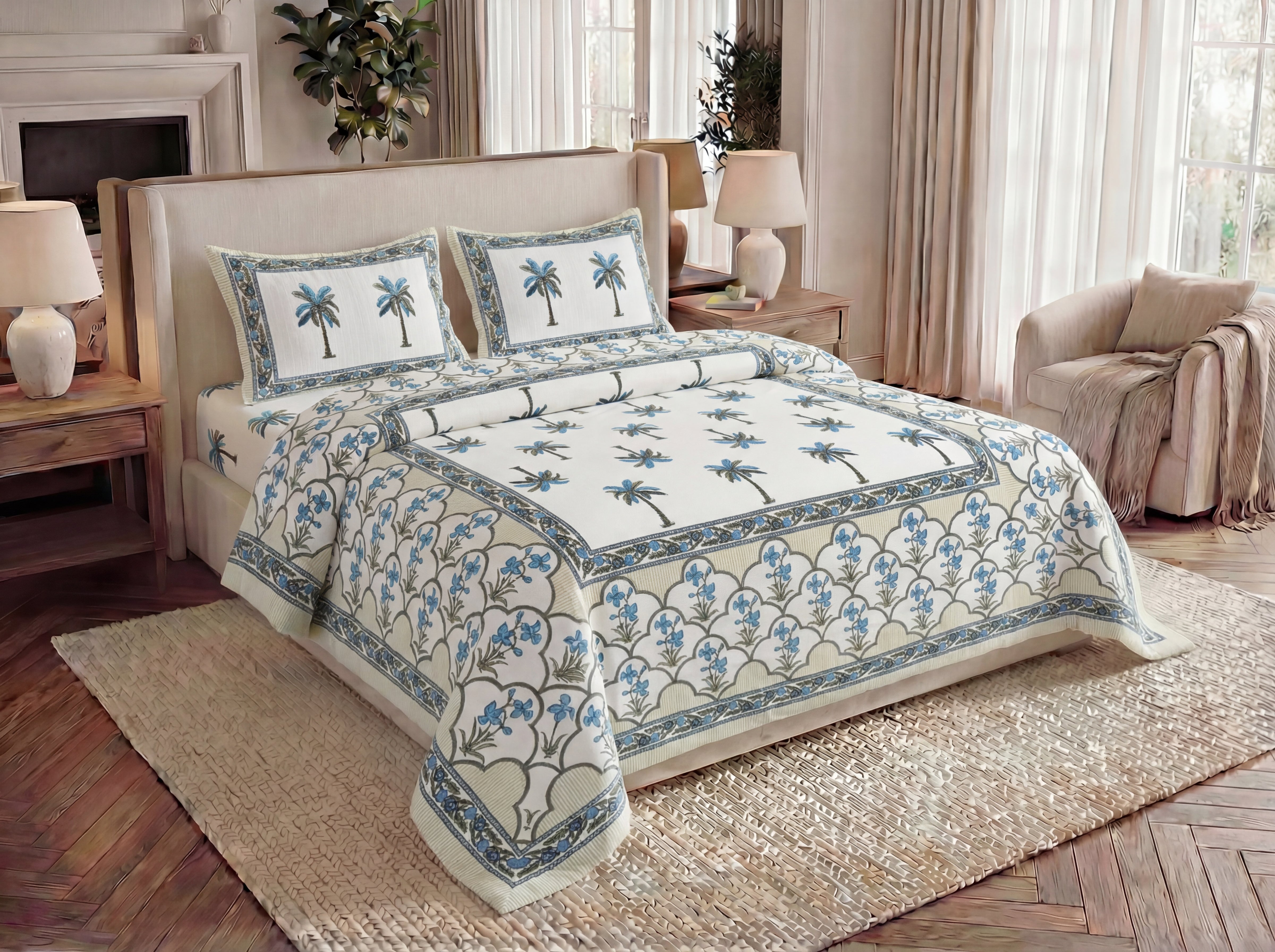 Floral - 350 TC Handblock Pure Cotton Bedsheet Set