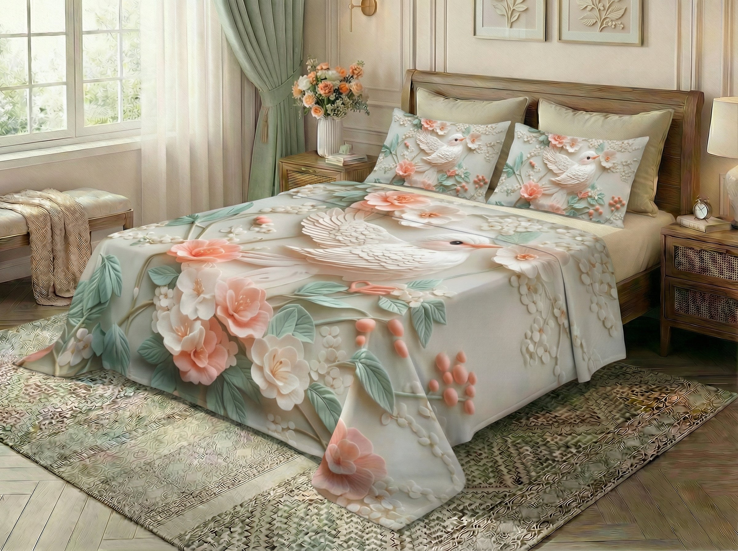 Fairy Tale Bird 7D Bedsheet Set – Ivory Peach