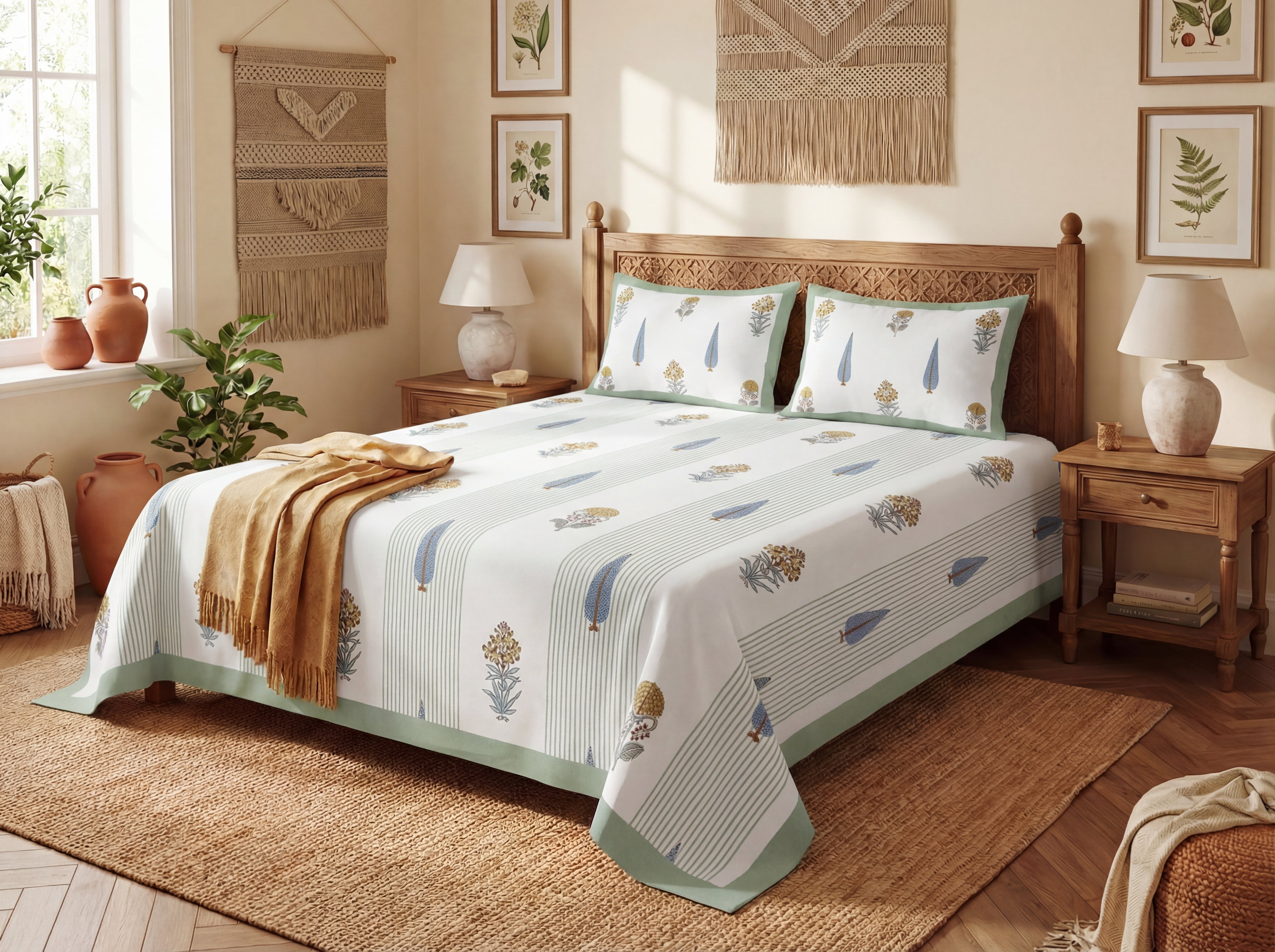 Rajsi - 350 TC Handblock Pure Cotton Bedsheet Set