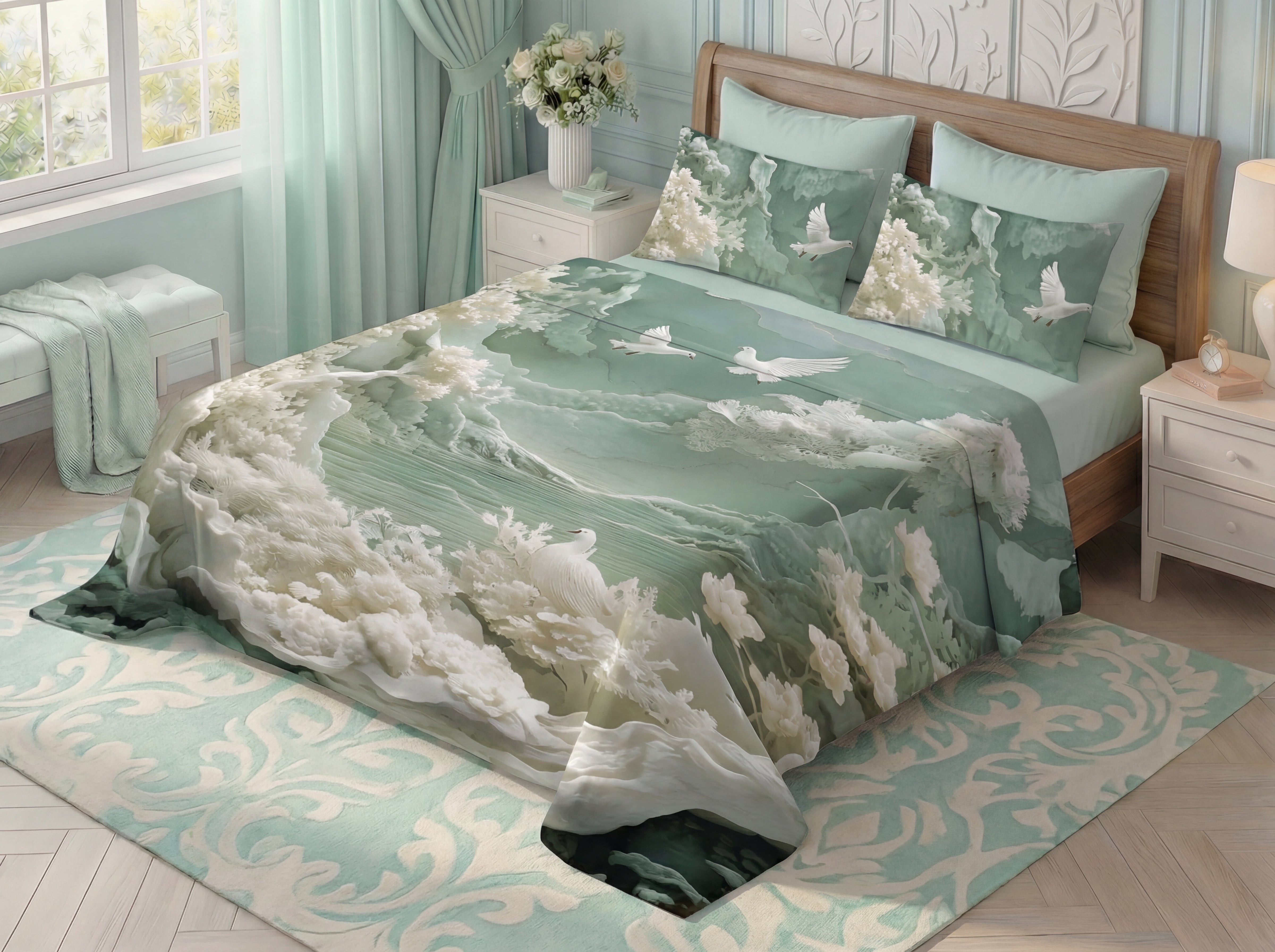 Fairy Tale Flying Doves 7D Bedsheet Set – Green