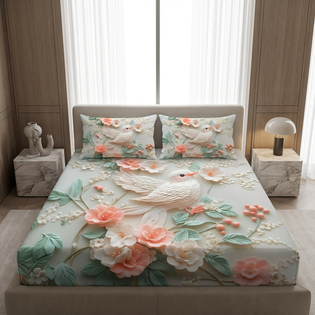 Fairy Tale Bird 7D Bedsheet Set – Ivory Peach