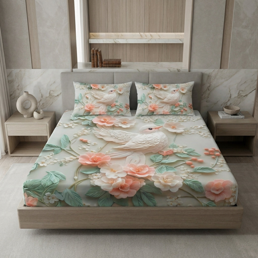 Fairy Tale Bird 7D Bedsheet Set – Ivory Peach