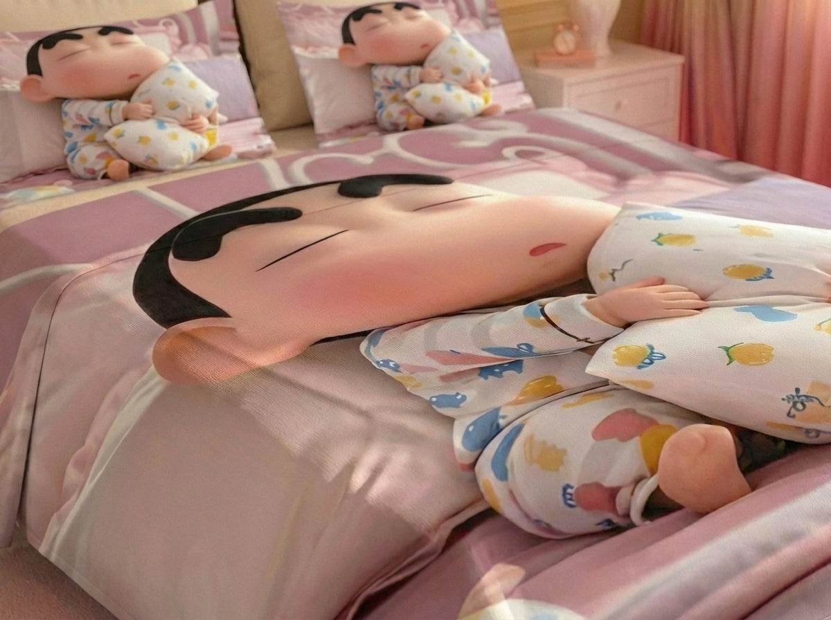 Fair Tale Shinchan giggles 7D Bedsheet Set - (red blue)