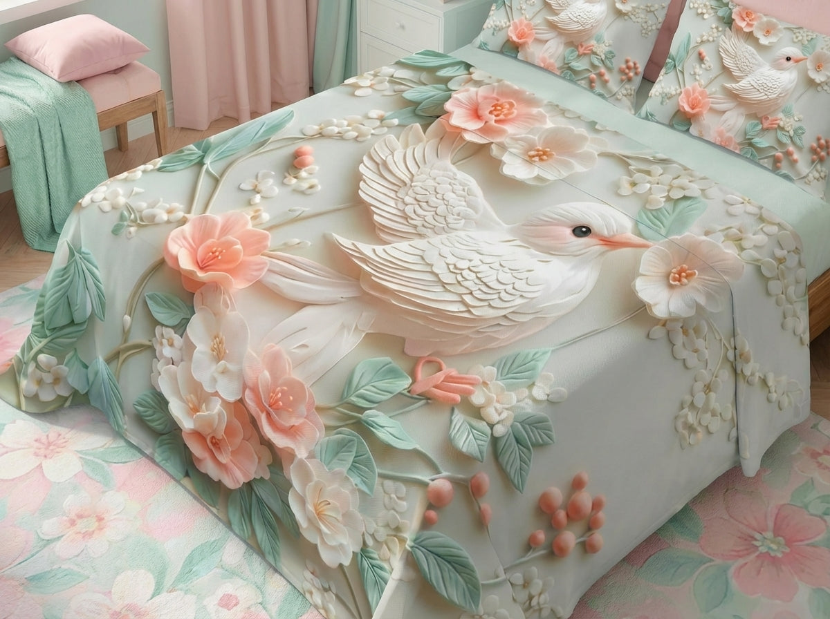 Fairy Tale Bird 7D Bedsheet Set – Ivory Peach
