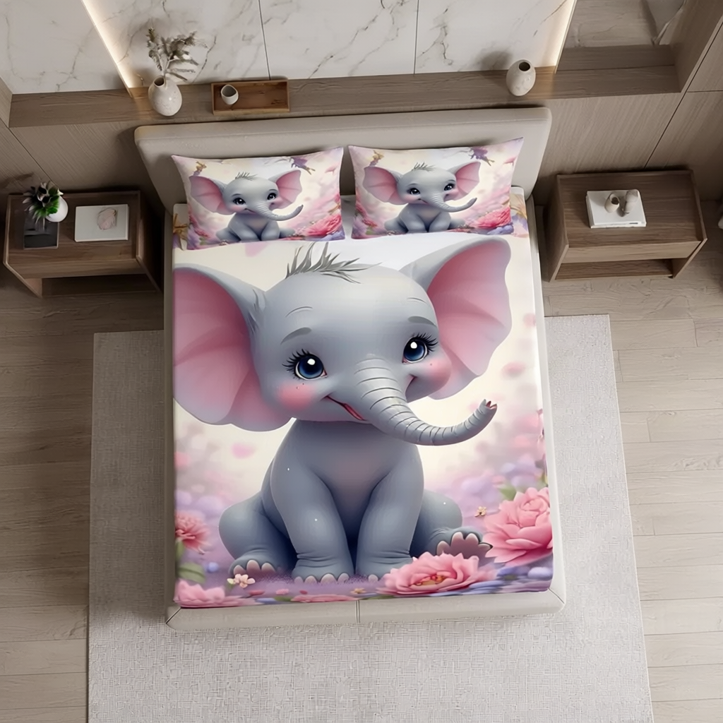 Fairy Tale Baby Elephant 7D Bedsheet Set – Pink