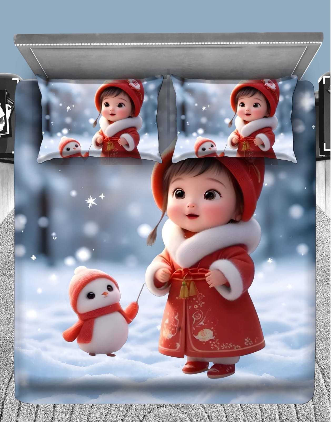 Fairy Tale Snow Baby 7D Bedsheet Set - (red blue)