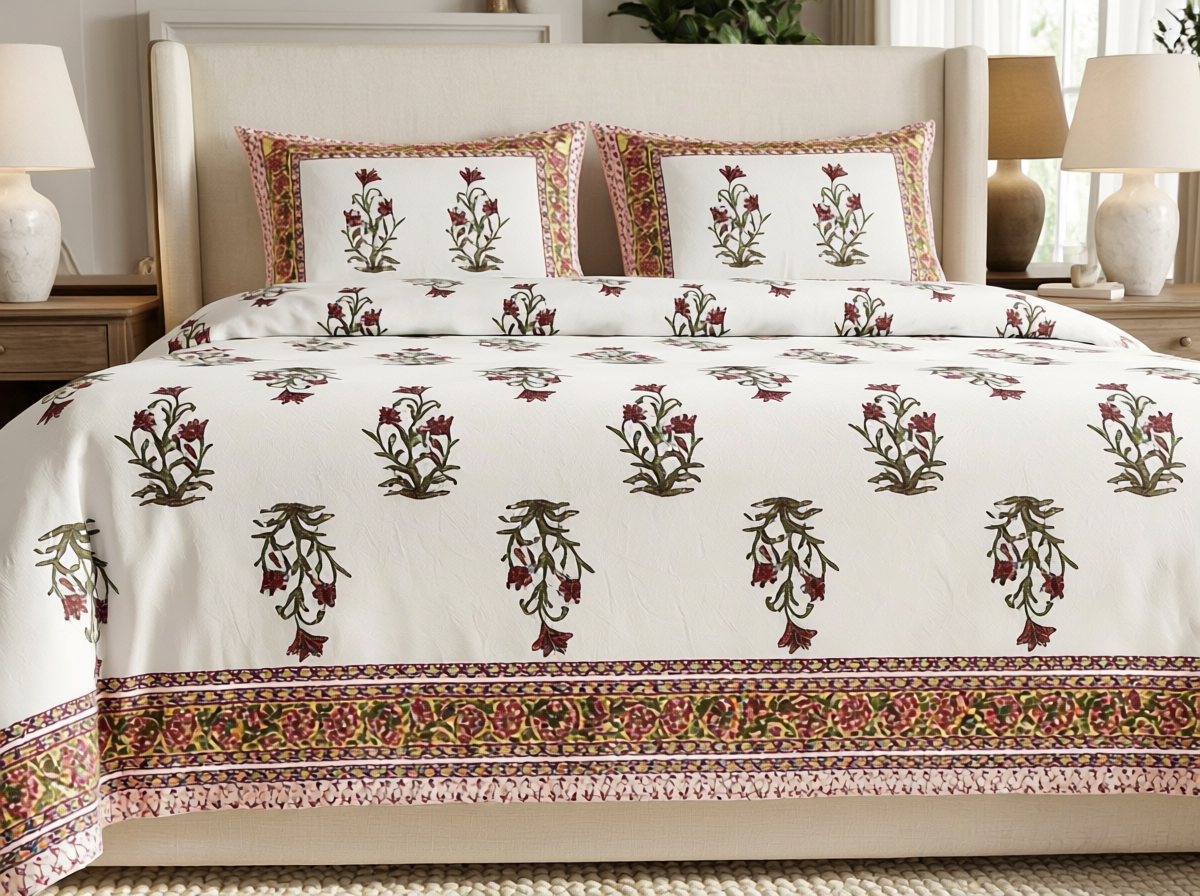 Mundari - 350 TC Handblock Pure Cotton Bedsheet Set