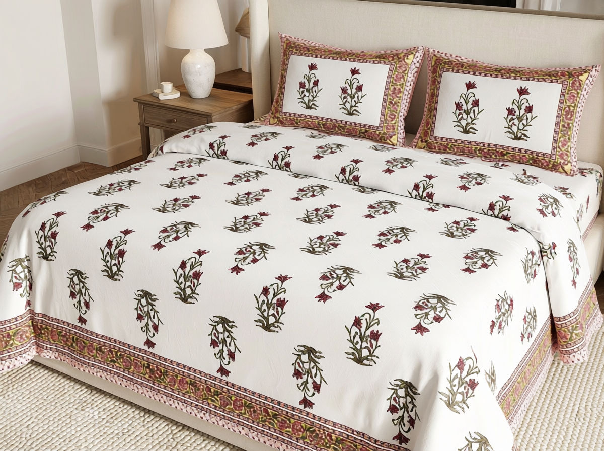 Mundari - 350 TC Handblock Pure Cotton Bedsheet Set