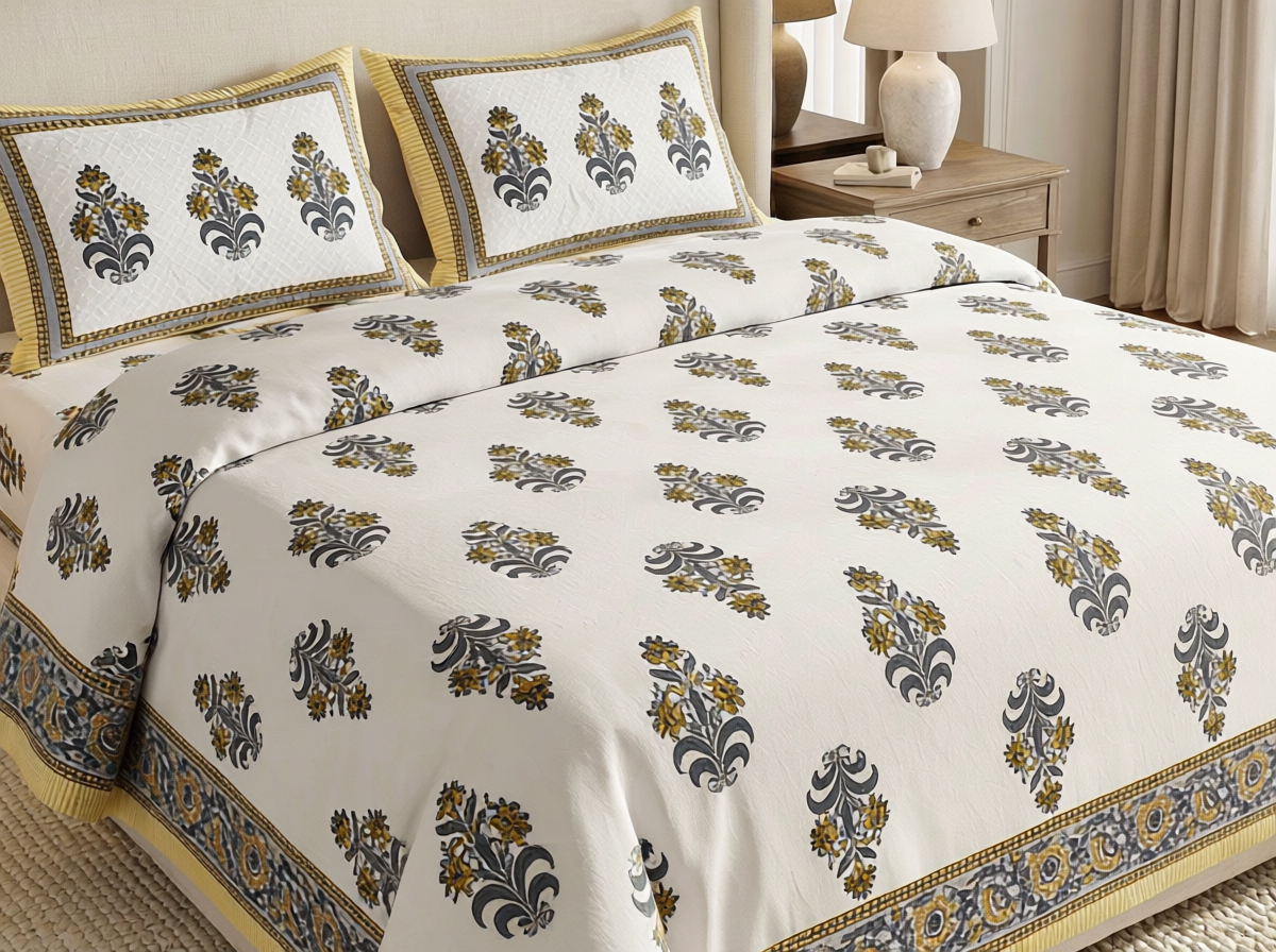 Kesari - 350 TC Handblock Pure Cotton Bedsheet Set