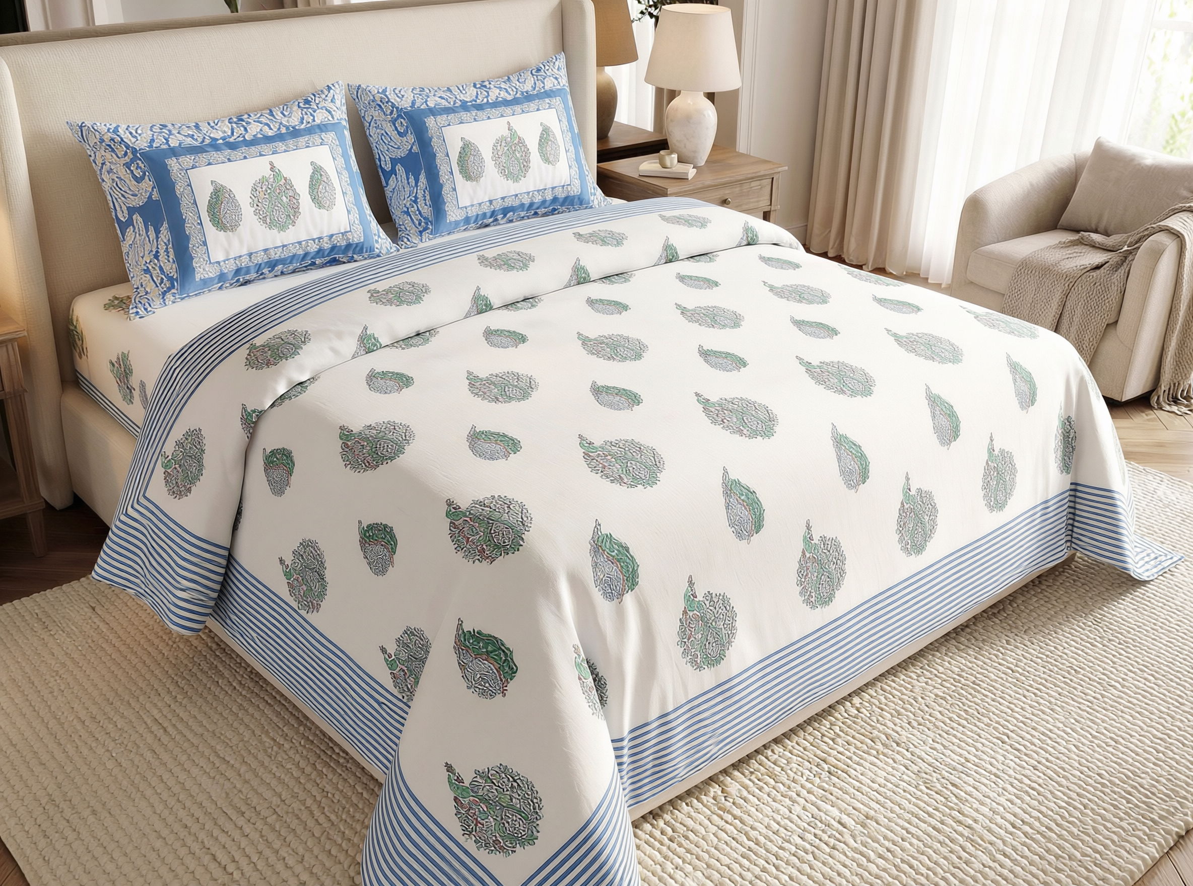 Chandragupta - 350 TC Handblock Pure Cotton Bedsheet Set