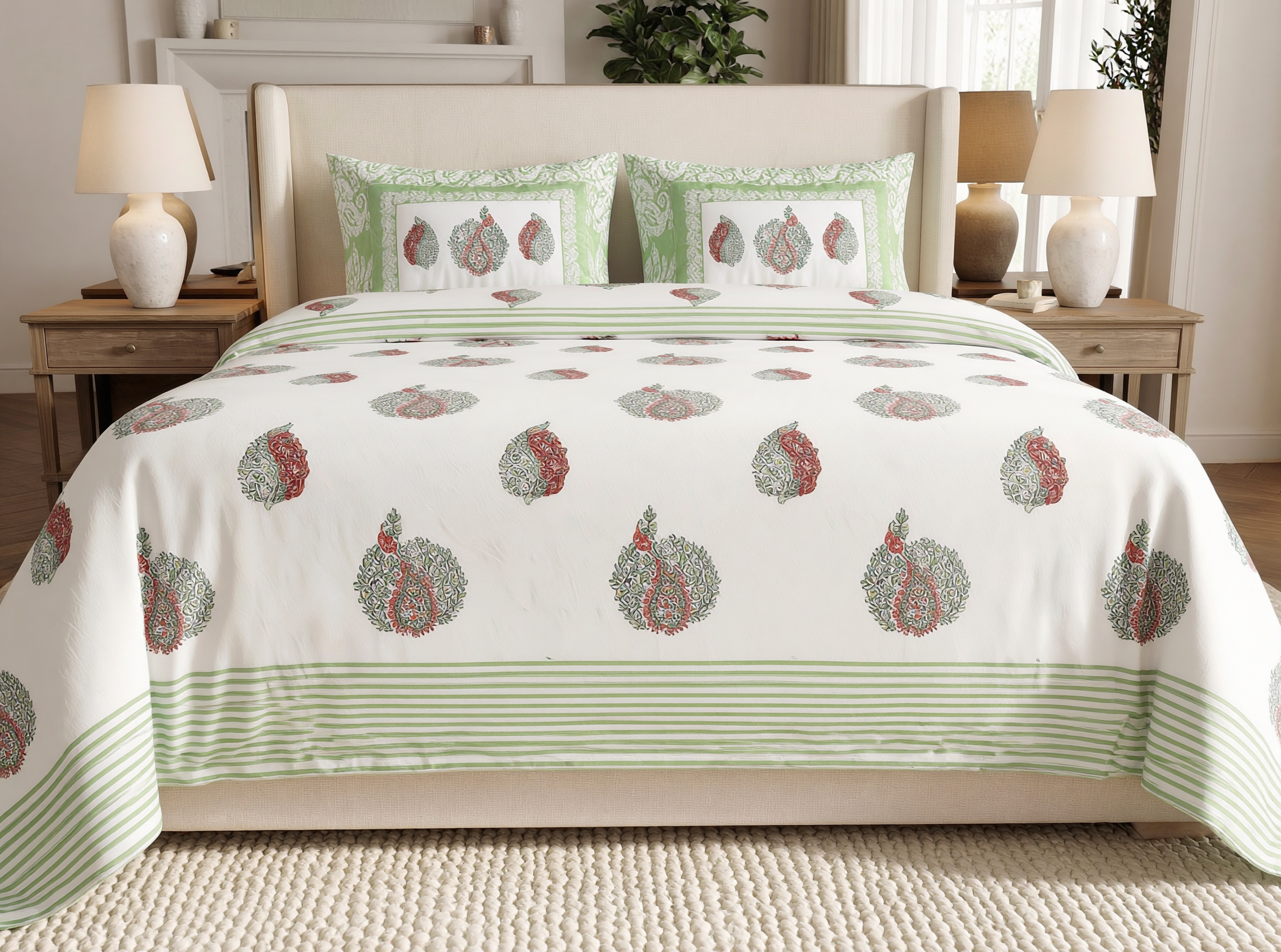 Prabhavati - 350 TC Handblock Pure Cotton Bedsheet Set