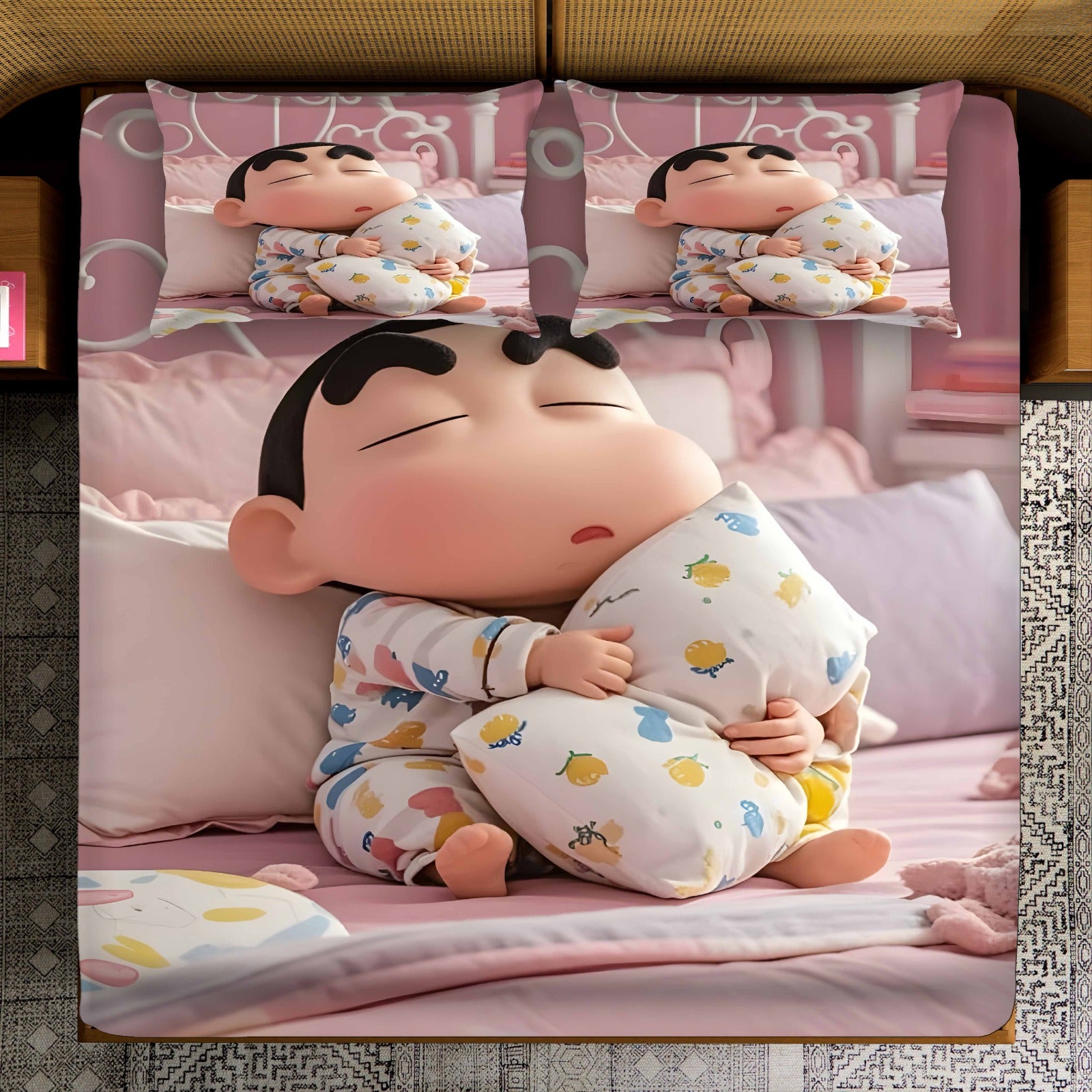 Fair Tale Shinchan giggles 7D Bedsheet Set - (red blue)