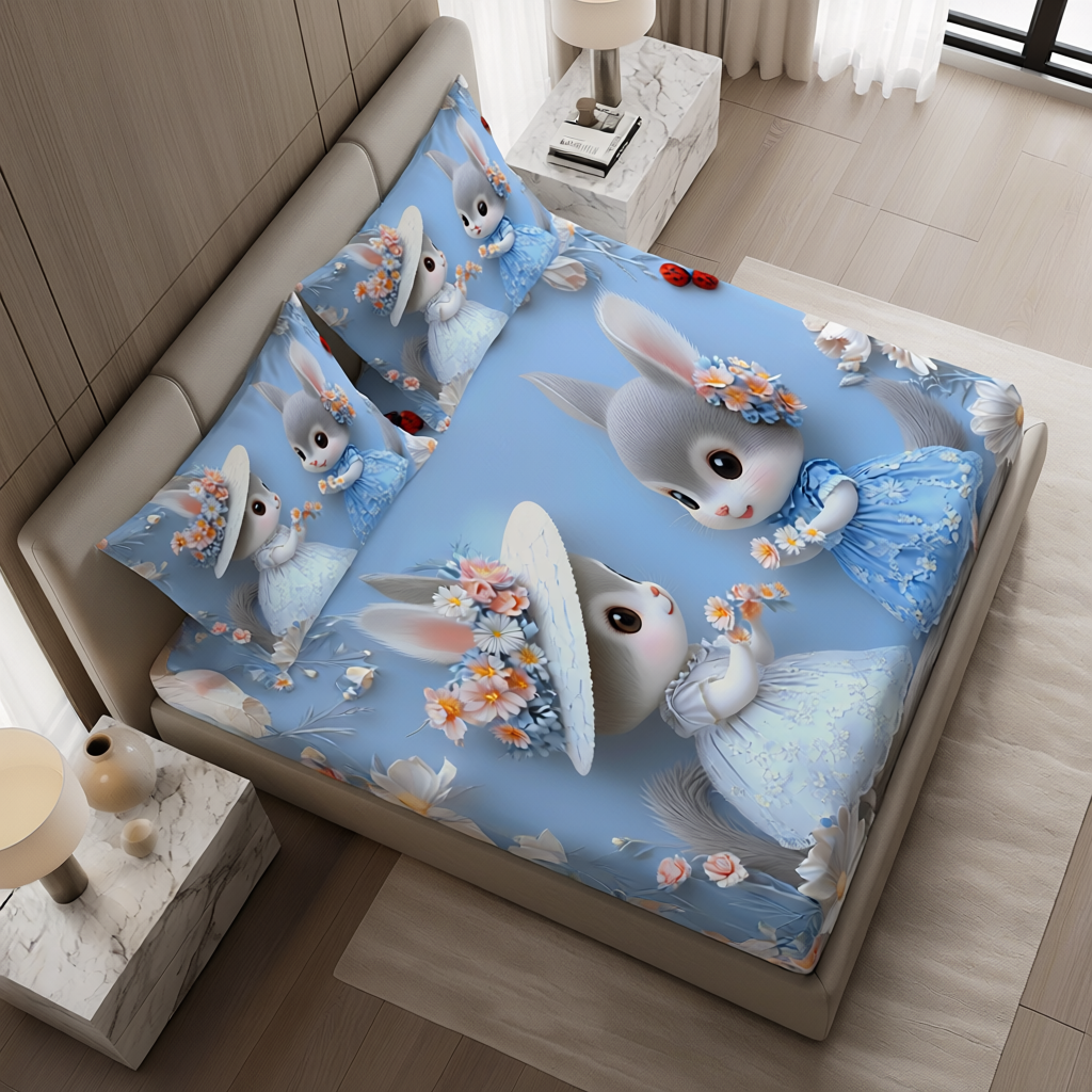 Fairy Tale Cute Rabbit 7D Bedsheet Set – Blue