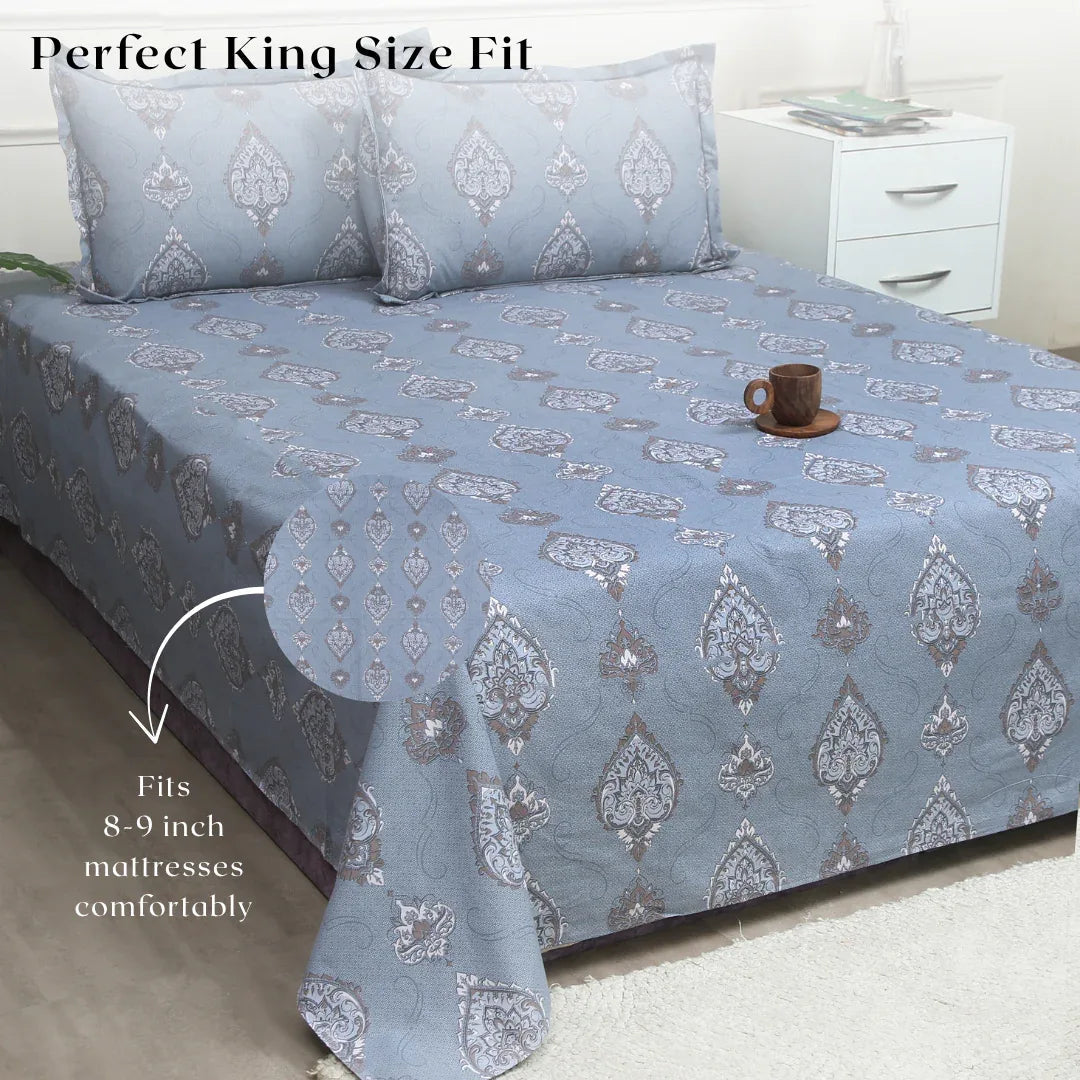 Royale Spread - Mercerized Cotton Bedsheet with two pillowcases | Gray Pitch - VIRASAAH