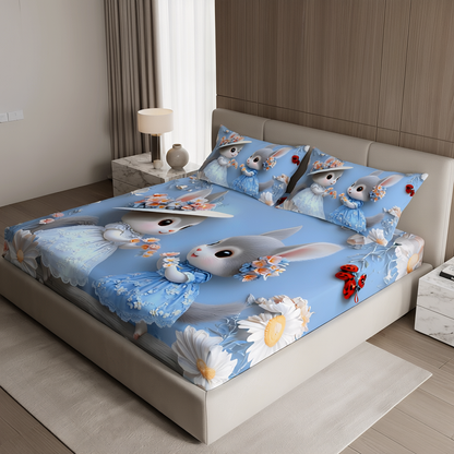 Fairy Tale Cute Rabbit 7D Bedsheet Set – Blue