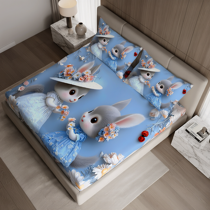 Fairy Tale Cute Rabbit 7D Bedsheet Set – Blue