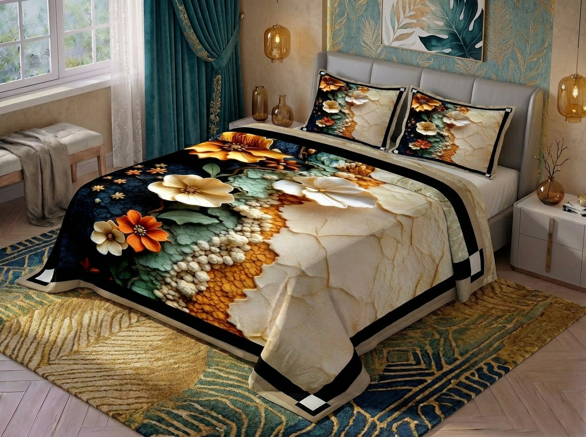 7D Golden Bloom Fusion Premium King Size Bedsheet (Golden-Cream)