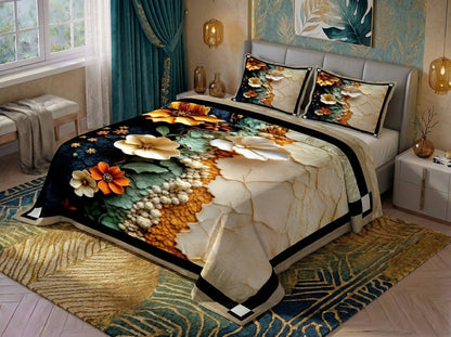 7D Golden Bloom Fusion Premium King Size Bedsheet (Golden-Cream)