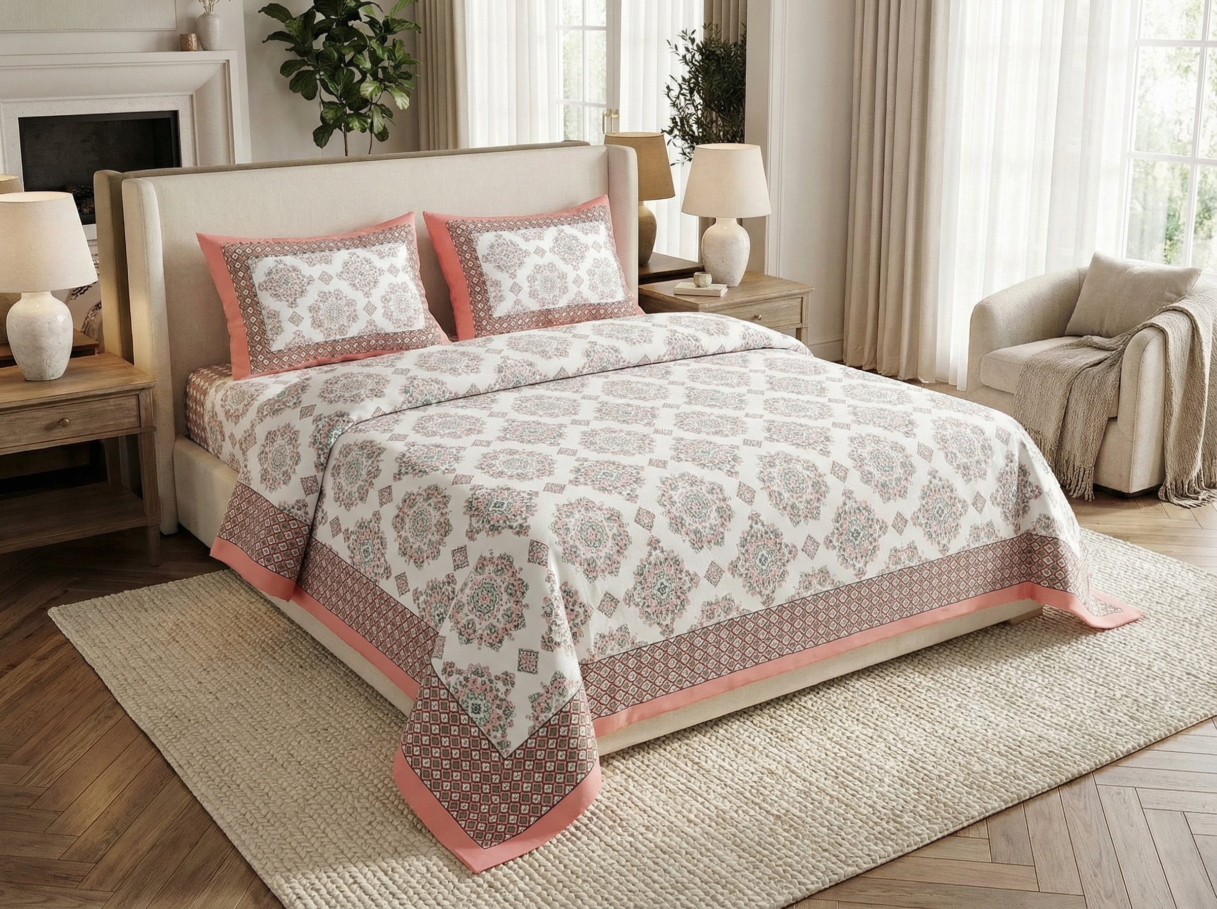 Hastier - 350 TC Handblock Pure Cotton Bedsheet Set