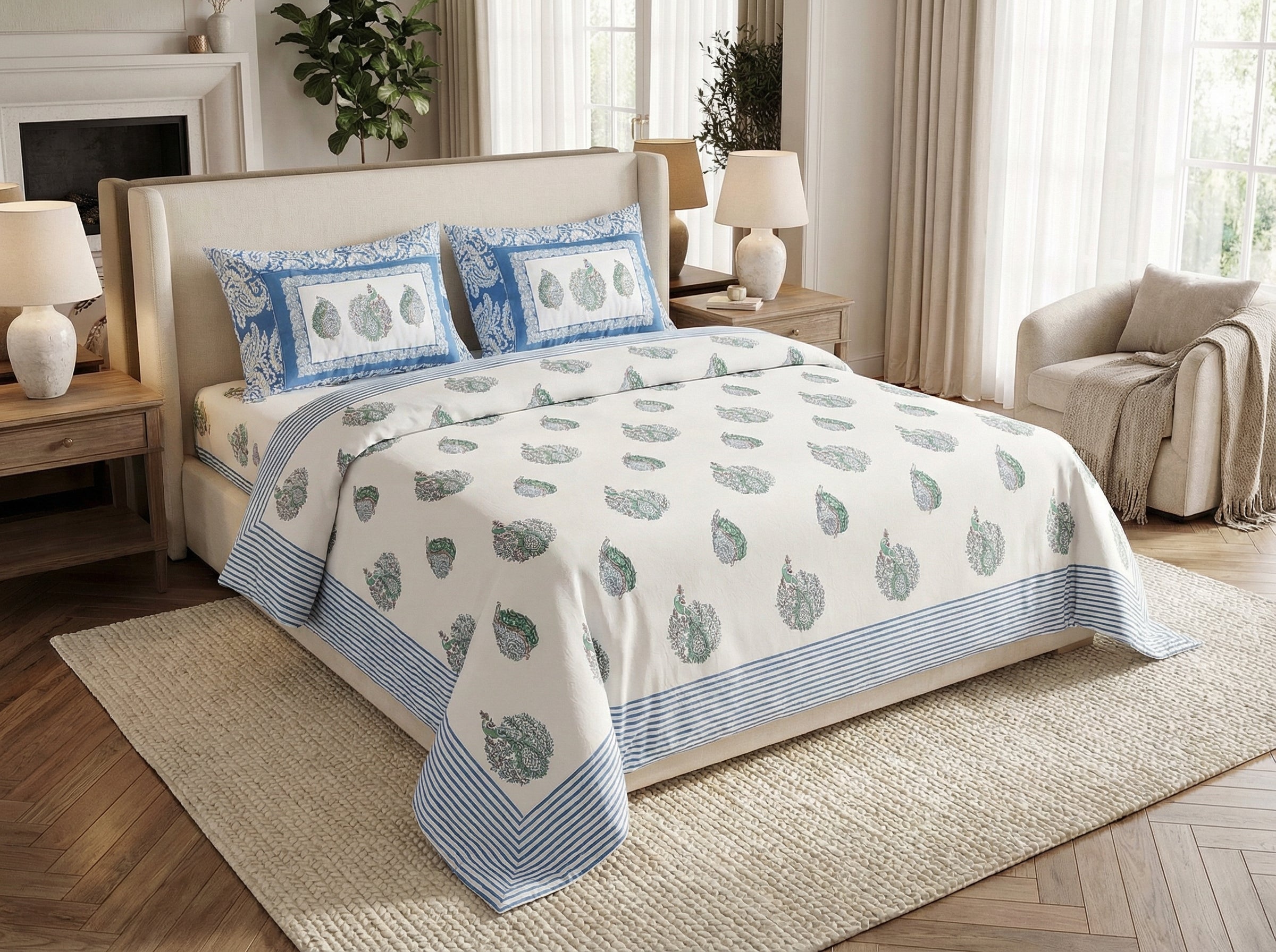 Chandragupta - 350 TC Handblock Pure Cotton Bedsheet Set