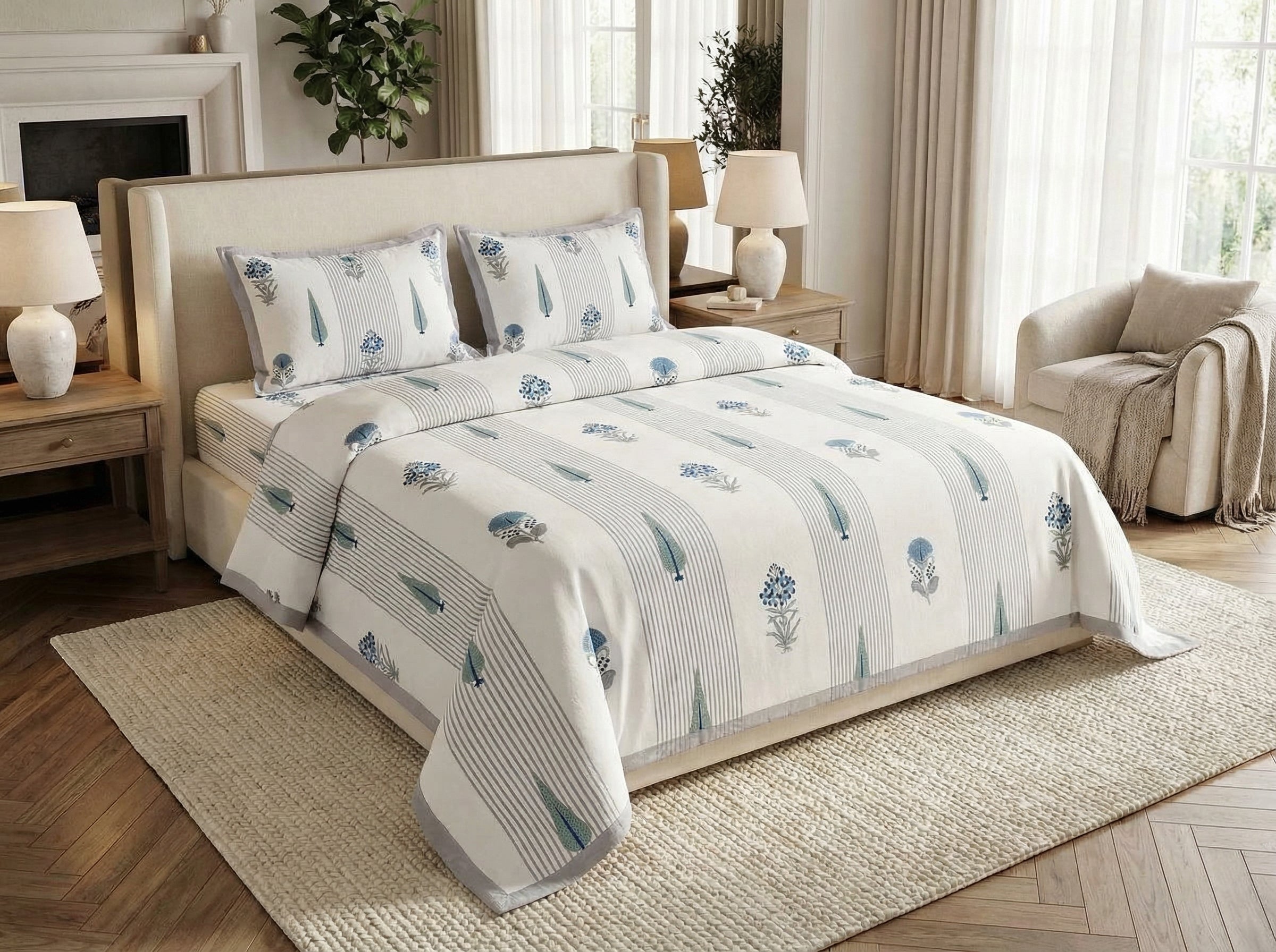 Prabha - 350 TC Handblock Pure Cotton Bedsheet Set