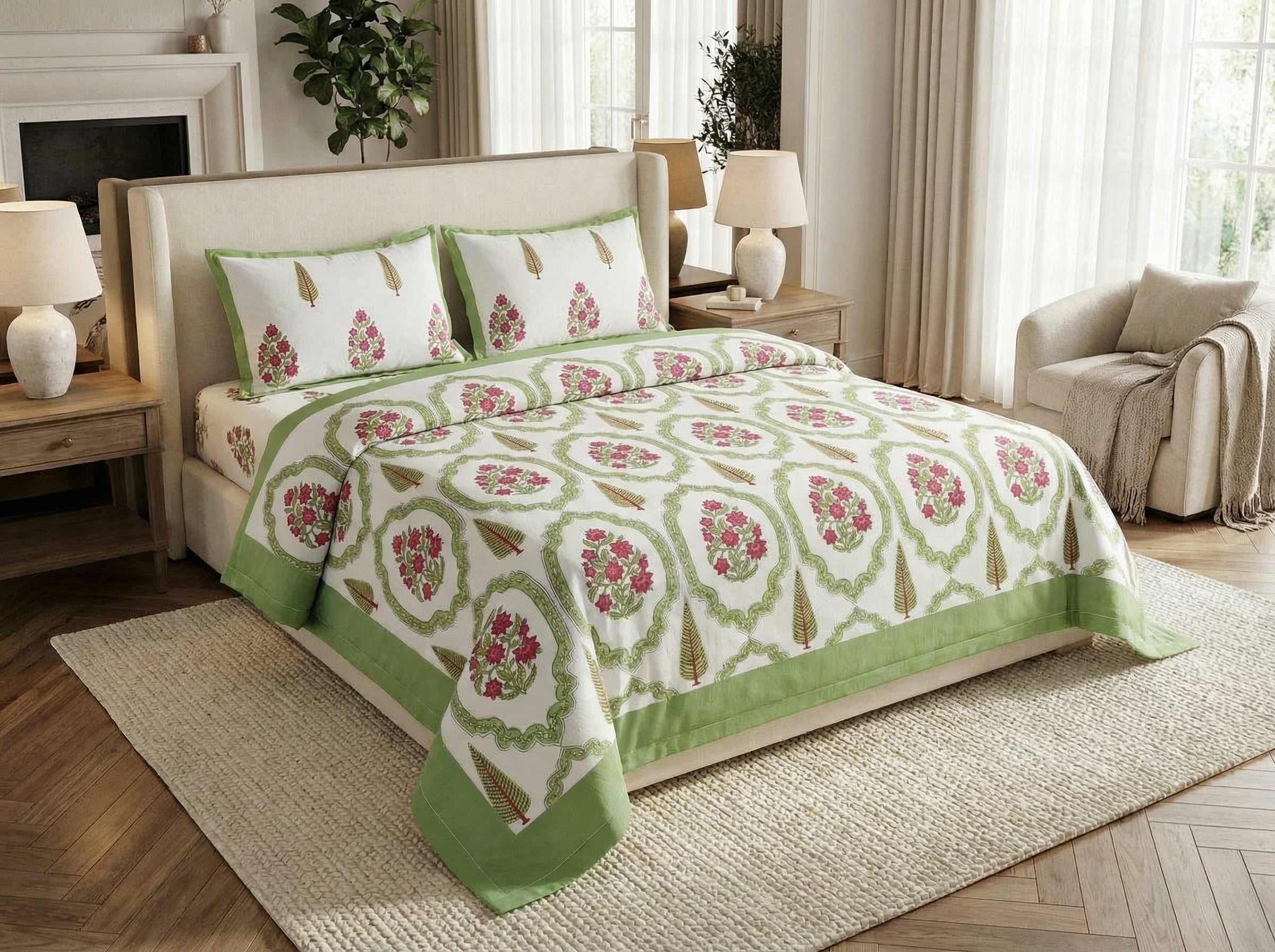 Magadh - 350 TC Handblock Pure Cotton Bedsheet Set