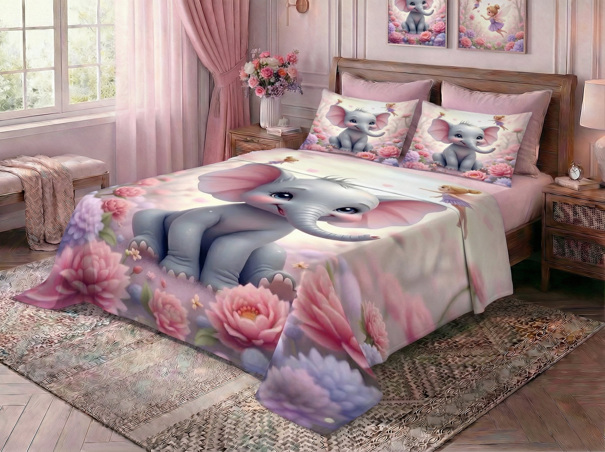 Fairy Tale Baby Elephant 7D Bedsheet Set – Pink