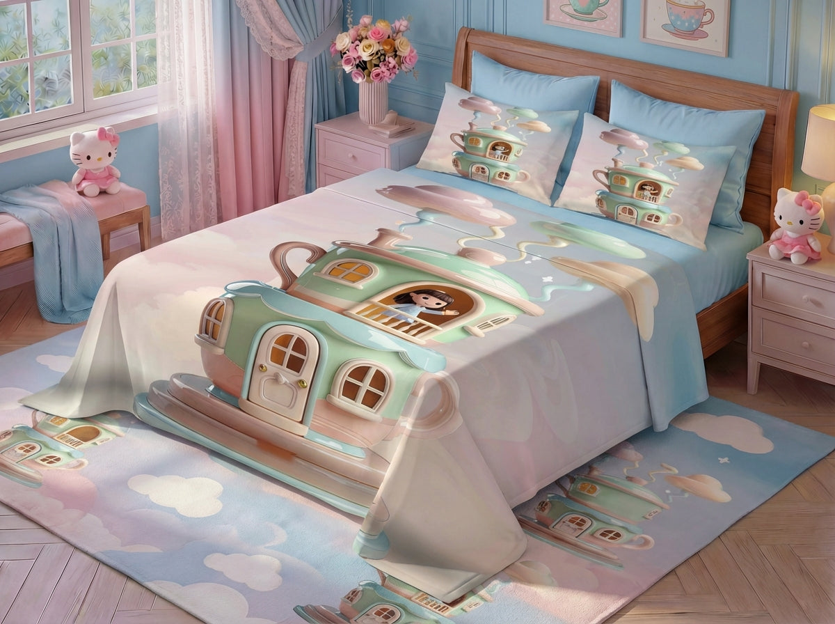 Fairy Tale Tea House 7D Bedsheet Set - Cream