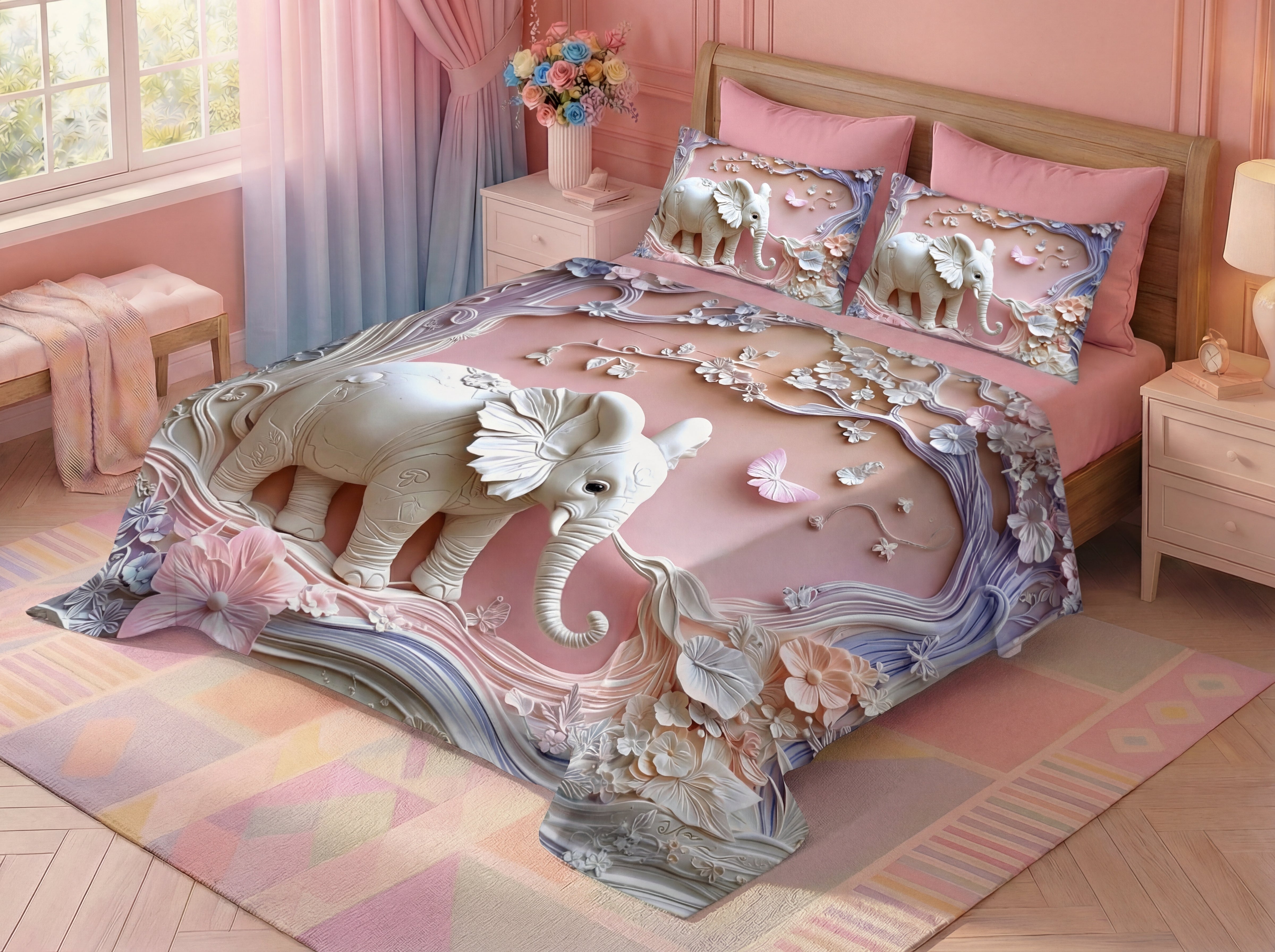 Fairy Tale Elephant 7D Bedsheet Set – Pink