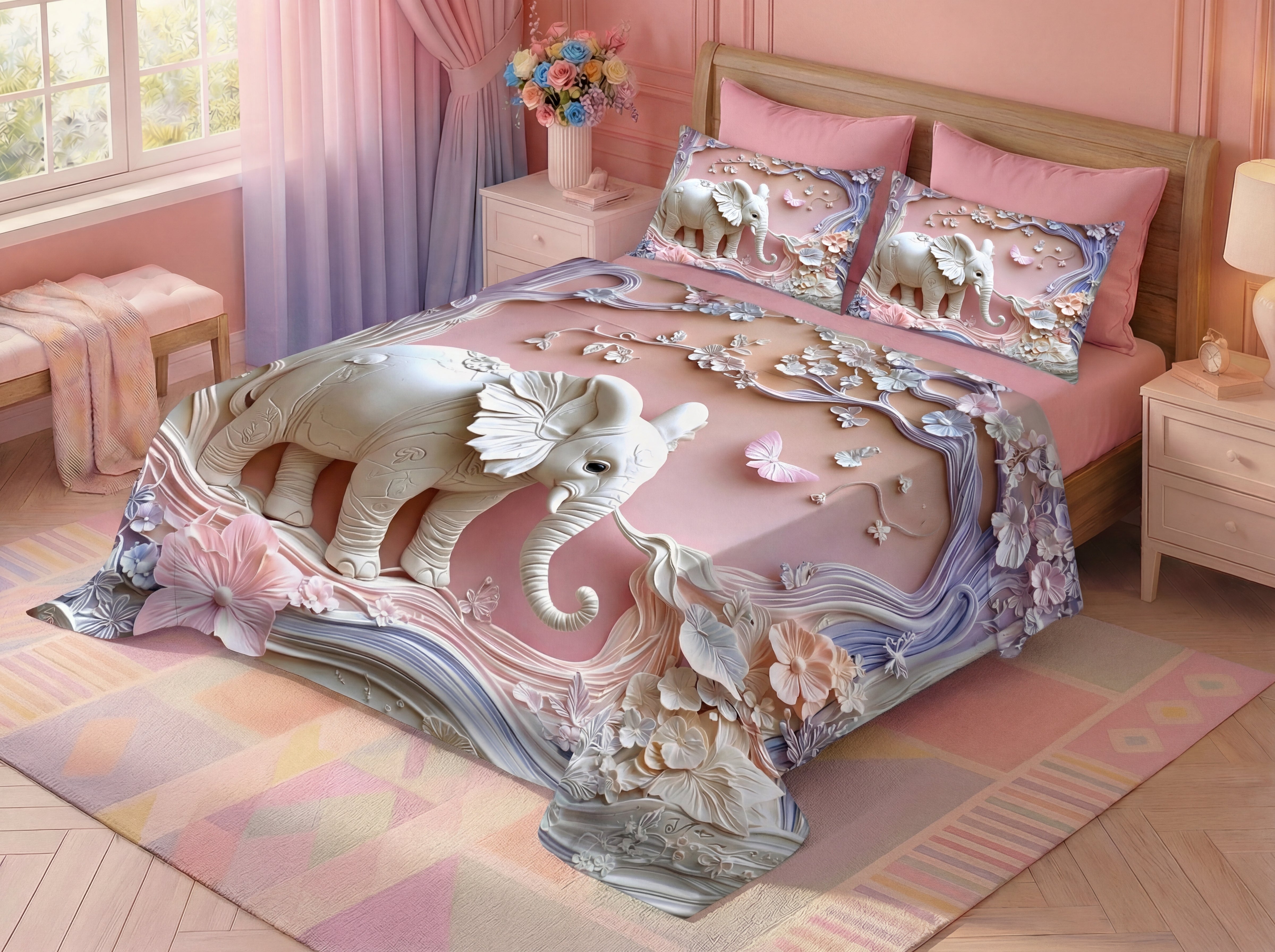 Fairy Tale Elephant 7D Bedsheet Set – Pink