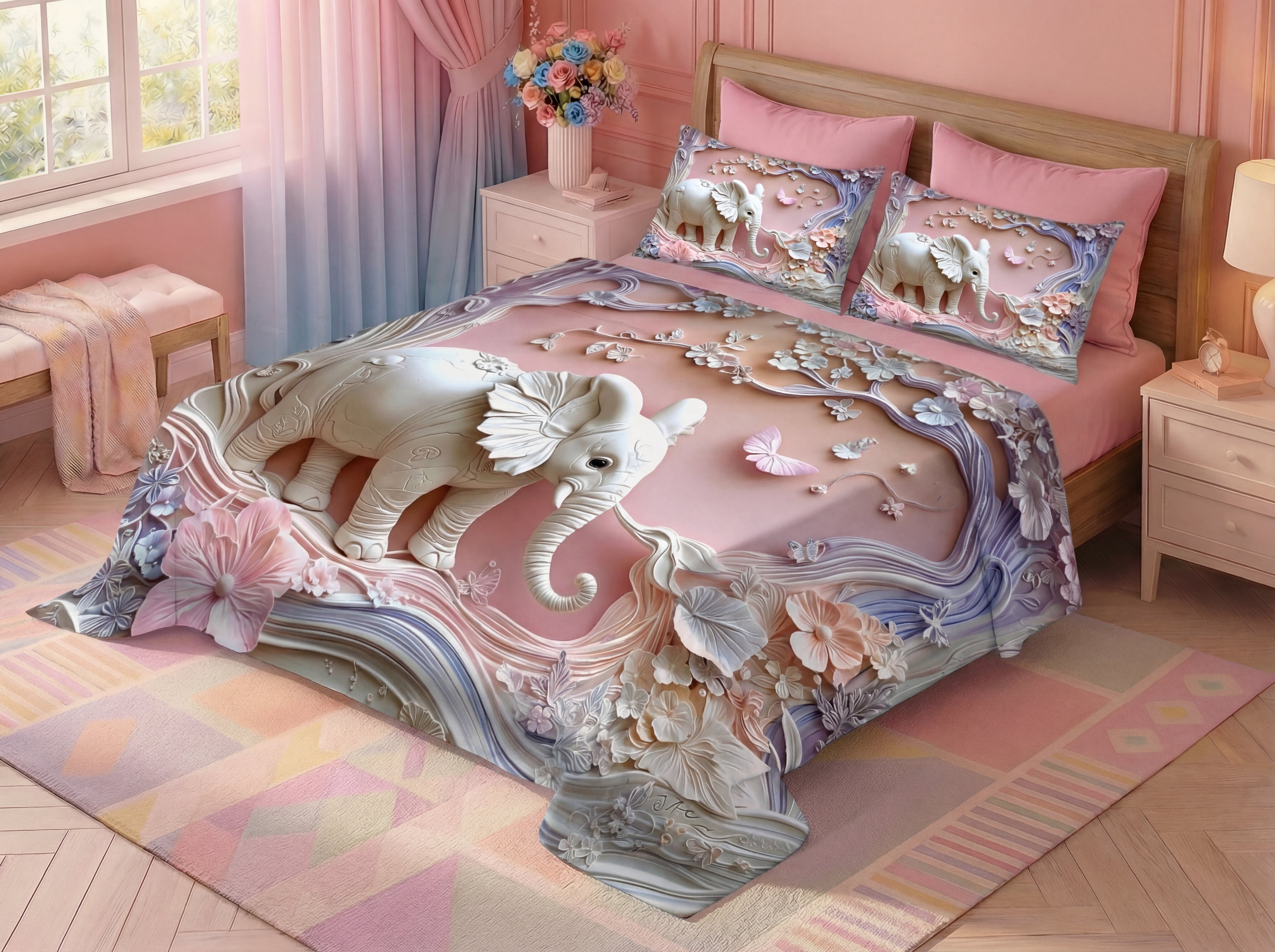 Fairy Tale Elephant 7D Bedsheet Set – Pink