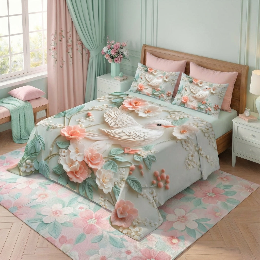 Fairy Tale Bird 7D Bedsheet Set – Ivory Peach