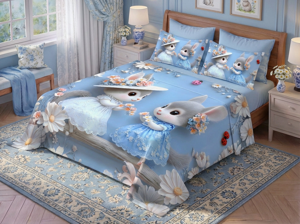 Fairy Tale Cute Rabbit 7D Bedsheet Set – Blue